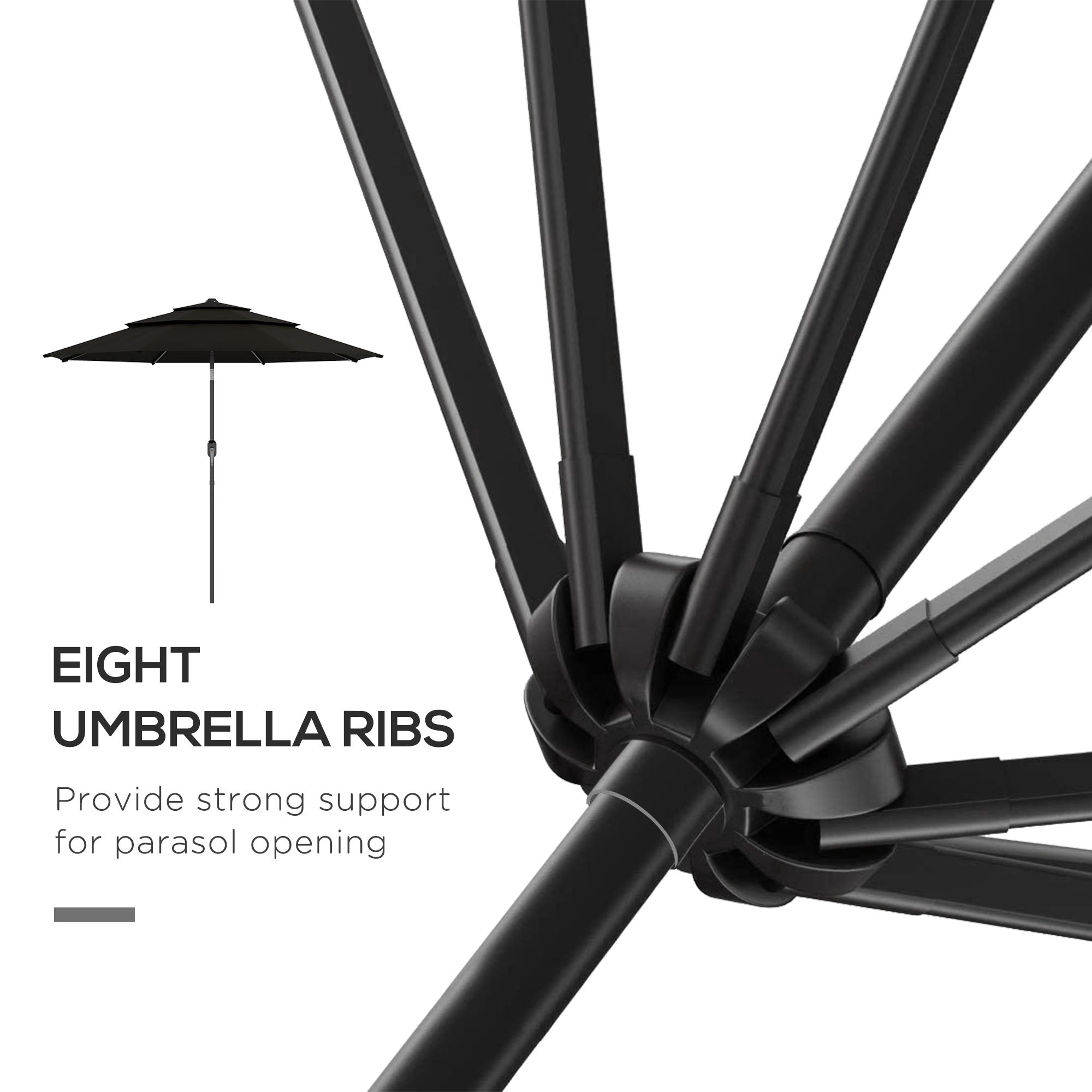 Outsunny 9FT Black Patio Umbrella 3 Tiers with Crank, Push Button Tilt for Outdoor Comfort on Deck, Backyard & Lawn - Find Shade 