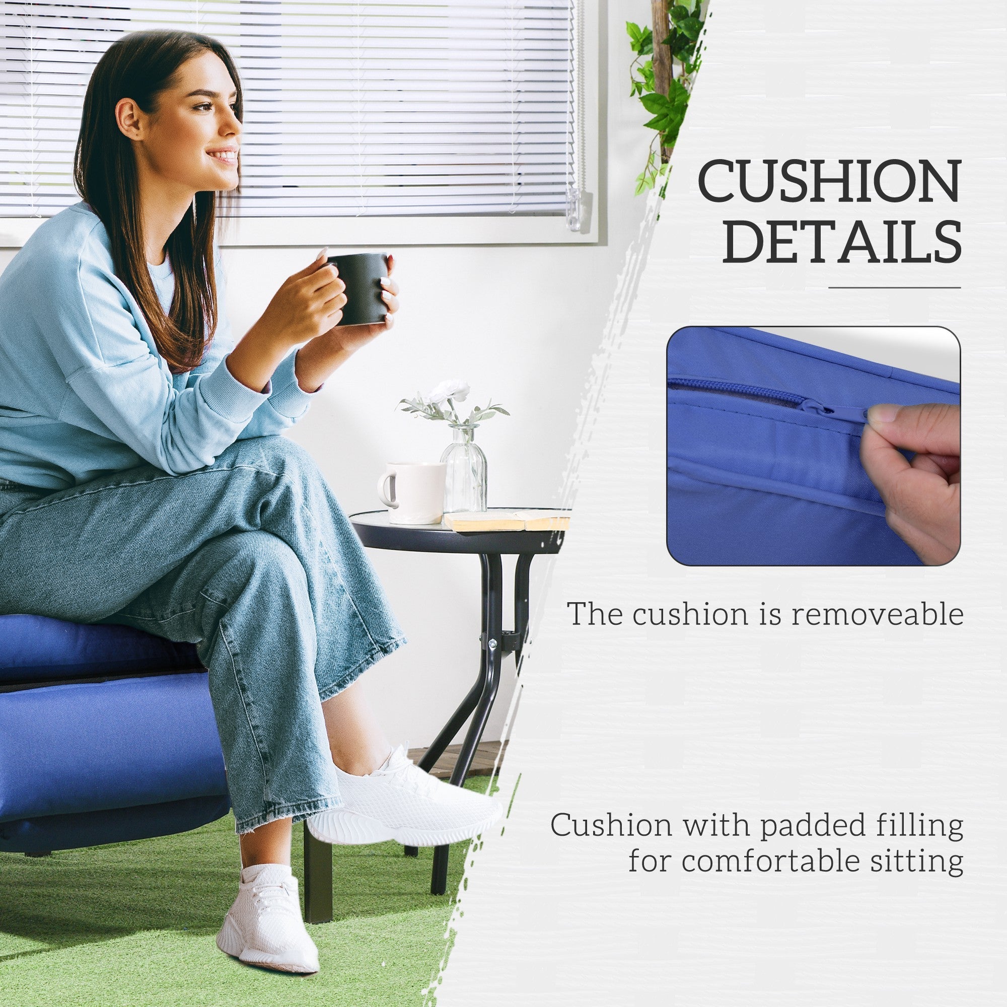 Outsunny Outdoor Rattan Recliner Chair, Wicker Reclining Chair with Adjustable Back Retractable Footrest Cushion Dark Blue 