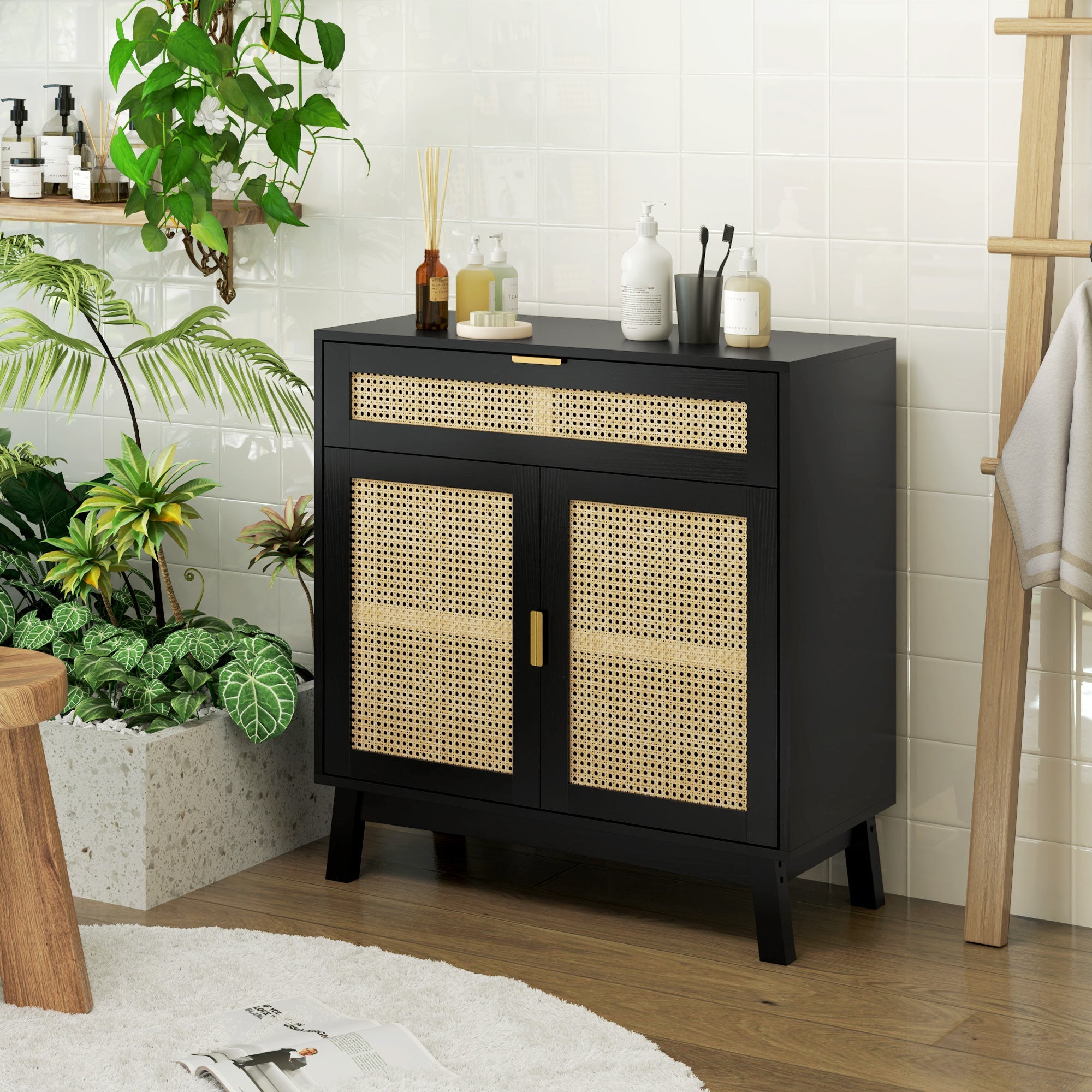 HOMCOM Boho Sideboard Storage Cabinet with Rattan Doors, Black 