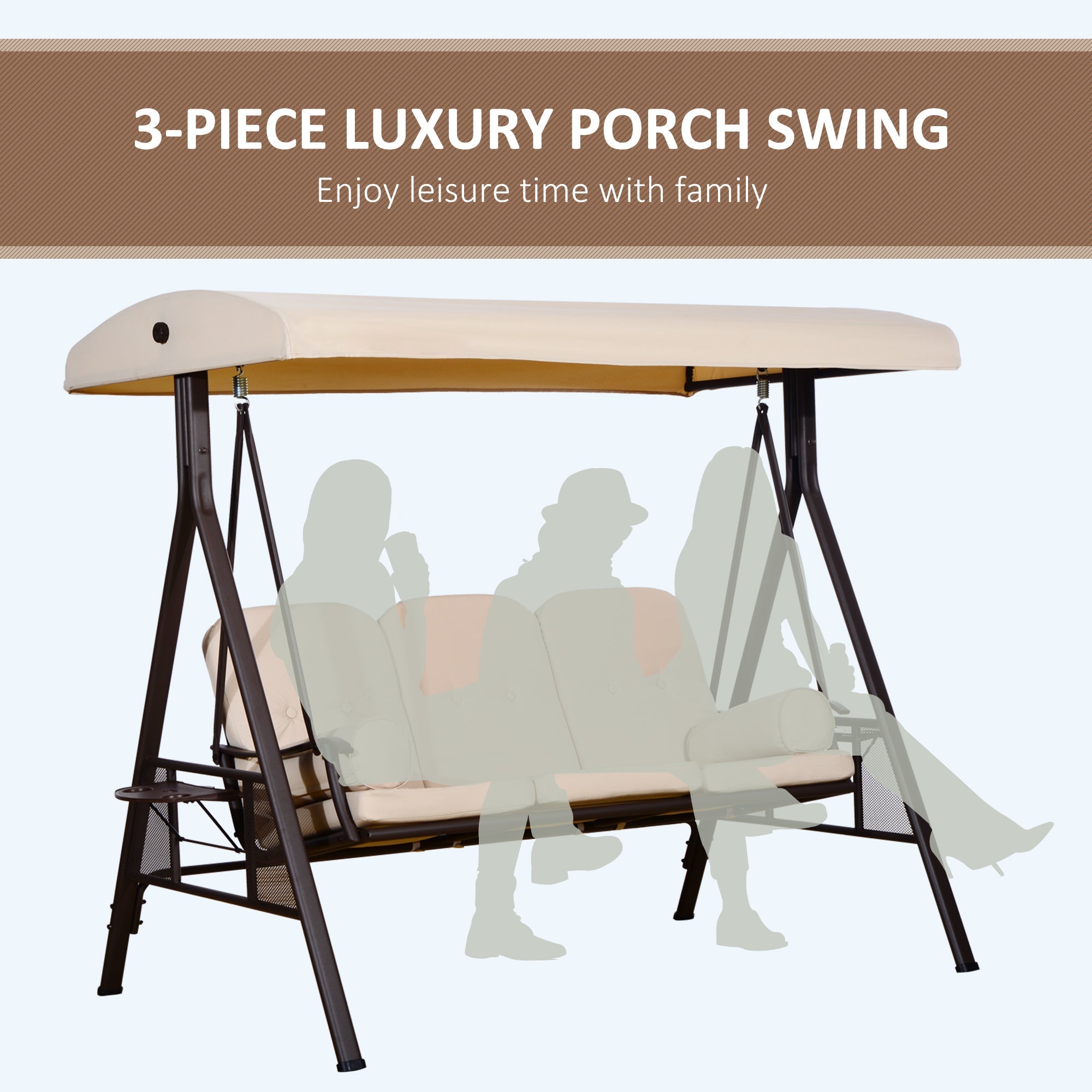 Outsunny 3 Seater Porch Swing Heavy Duty Outdoor Swing Chair Outdoor Lounge Hammock Cushioned Seat with Tilt Canopy, Beige 