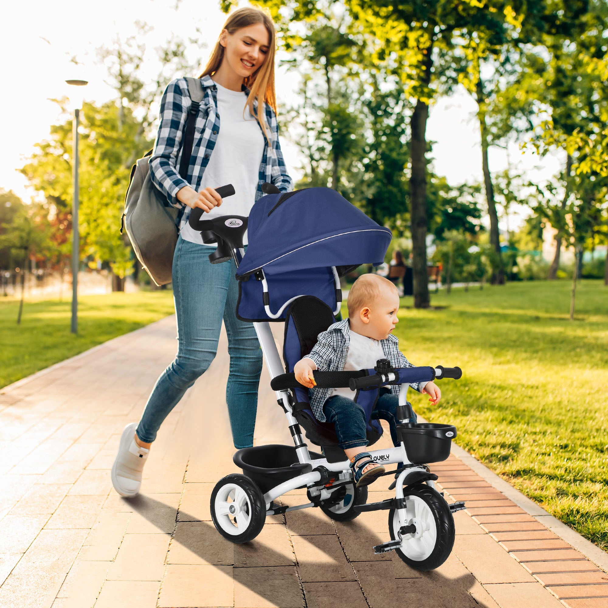Qaba 6-in-1 Toddler Tricycle - Parent Control Handle, Canopy, Storage, Cupholder, in Dark Blue, Ideal for 1-5 Years 