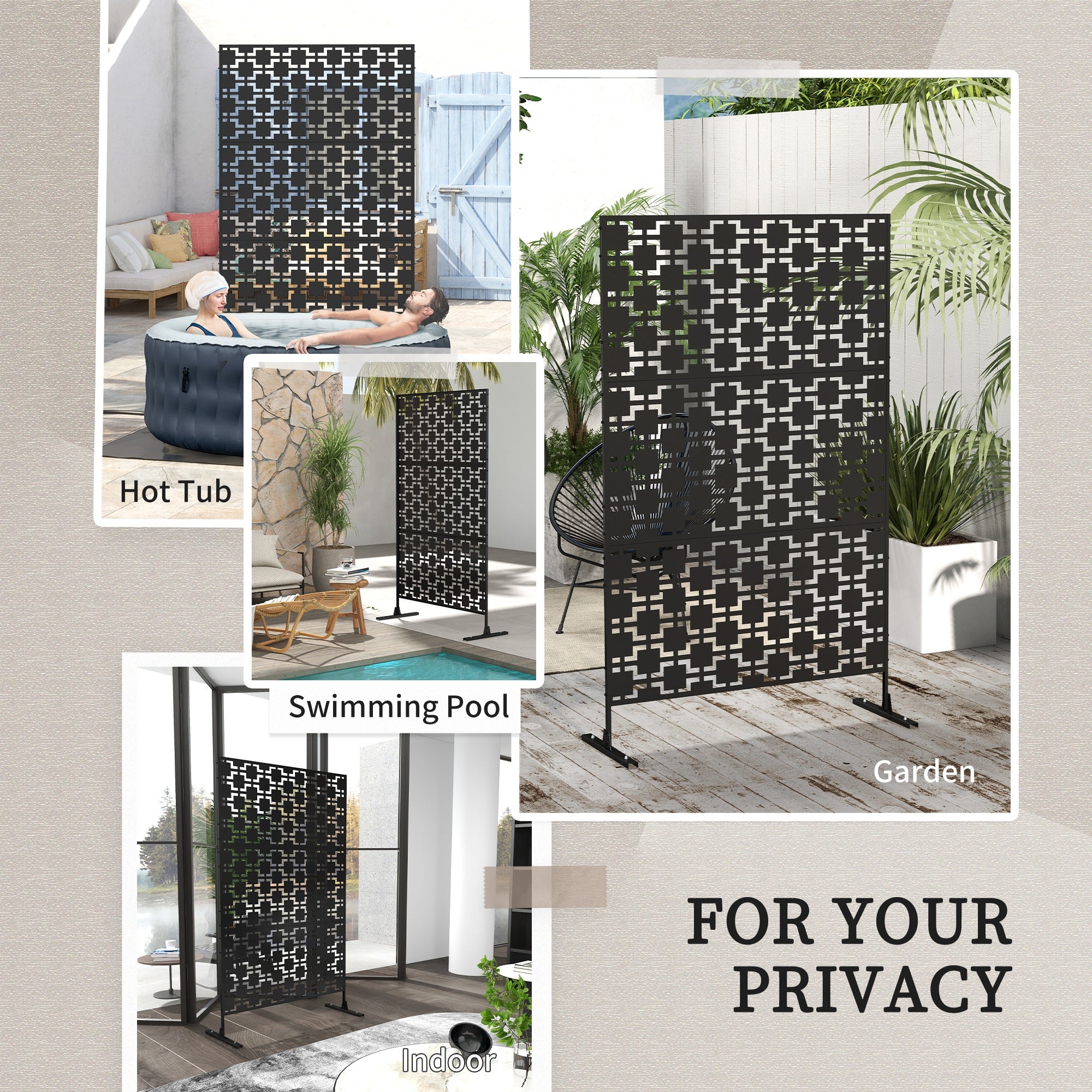 Outsunny 6.5FT Metal Privacy Screen, Outdoor Decorative Divider with Stand, Grid Style in Black| Aosom Canada 