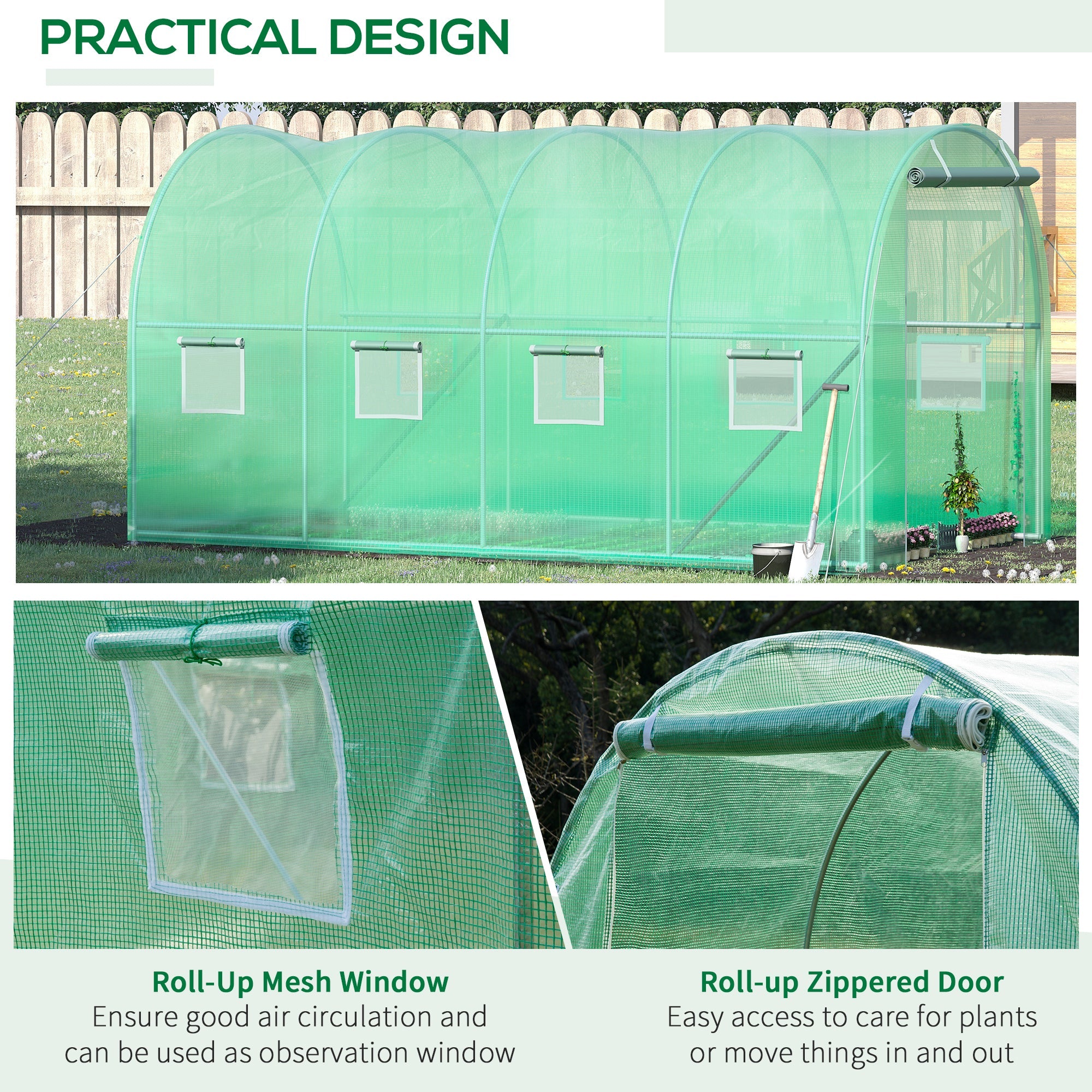 Outsunny Walk-in Tunnel Greenhouse, 13 x 6.4 x 6.5 ft Hoop House with Zipped Roll-Up Door and 8 Mesh Windows, Outdoor Greenhouse with Galvanised Steel Frame, Green 