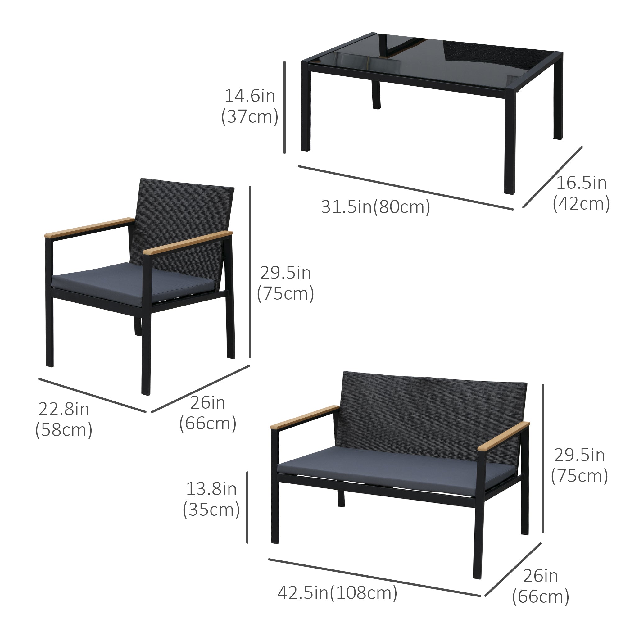 Outsunny 4-Piece Cushioned Rattan Wicker Outdoor Chair Loveseat Patio Furniture Set 