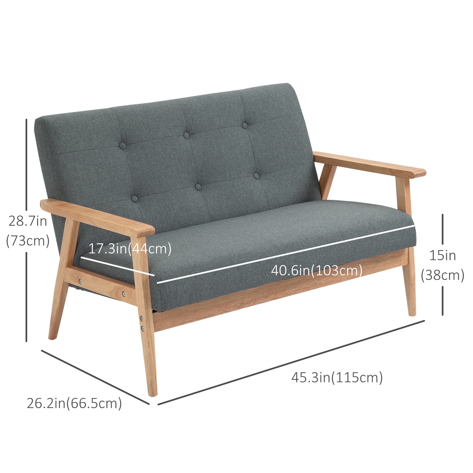 HOMCOM Upholstered 2-Seater Sofa 45" Rubber Wood Legs Comfortable Couch Living Room Bedroom Dark Grey Furniture 