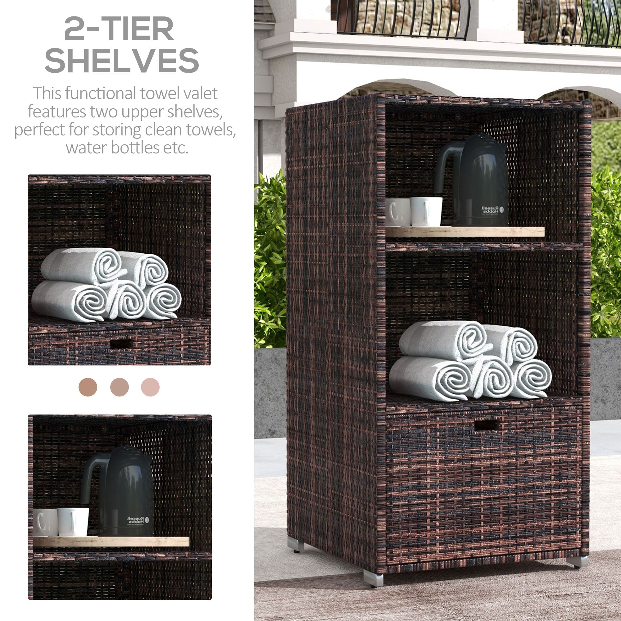 Outsunny Patio Storage Cabinet Rattan Wicker Outdoor Box Rack w/ 2 Shelf 1 Drawer Mixed Brown 