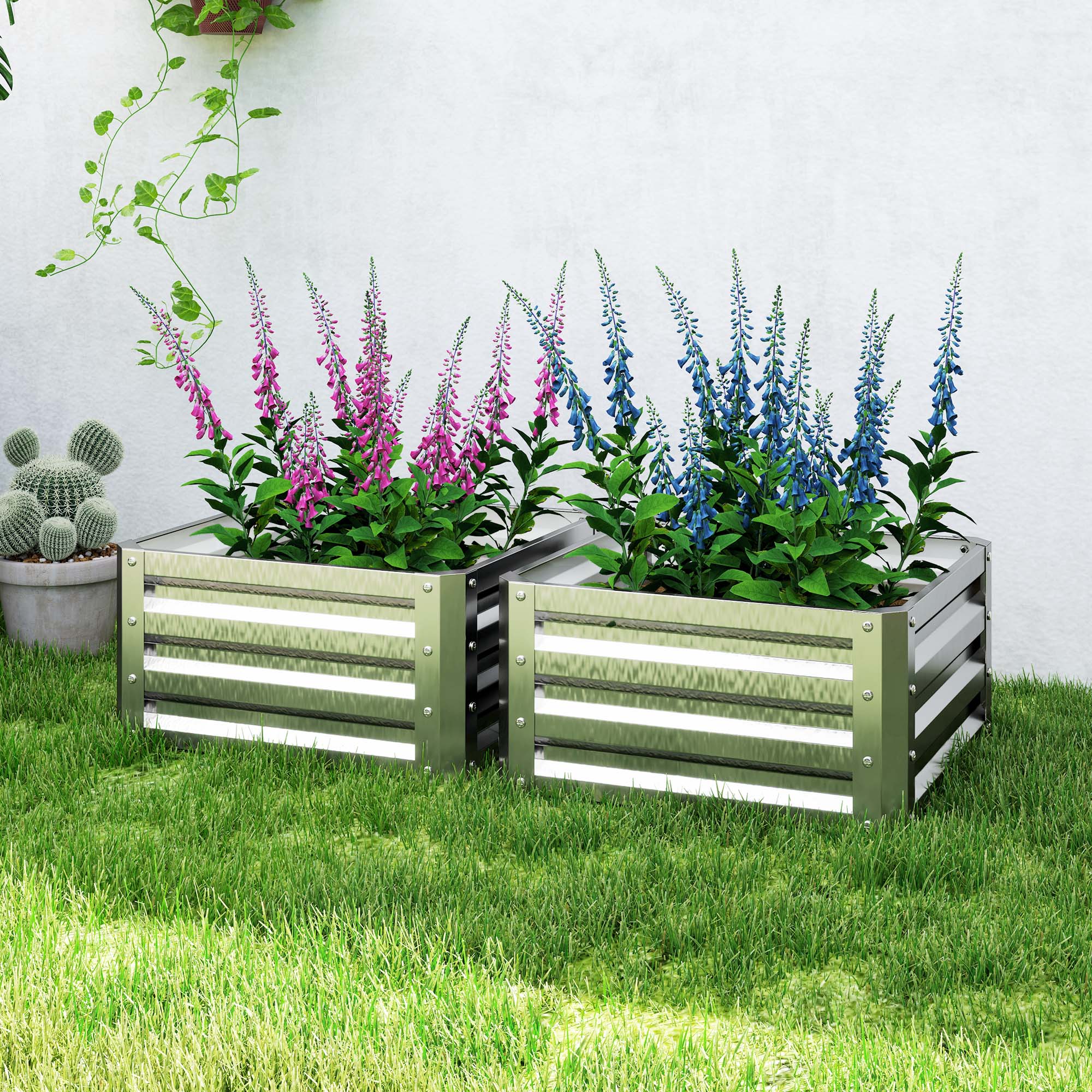 Outsunny 2' x 2' x 1' 2-Pieces Raised Garden Bed with Galvanised Steel Frame for Vegetables, Flowers, Herbs, Silver 