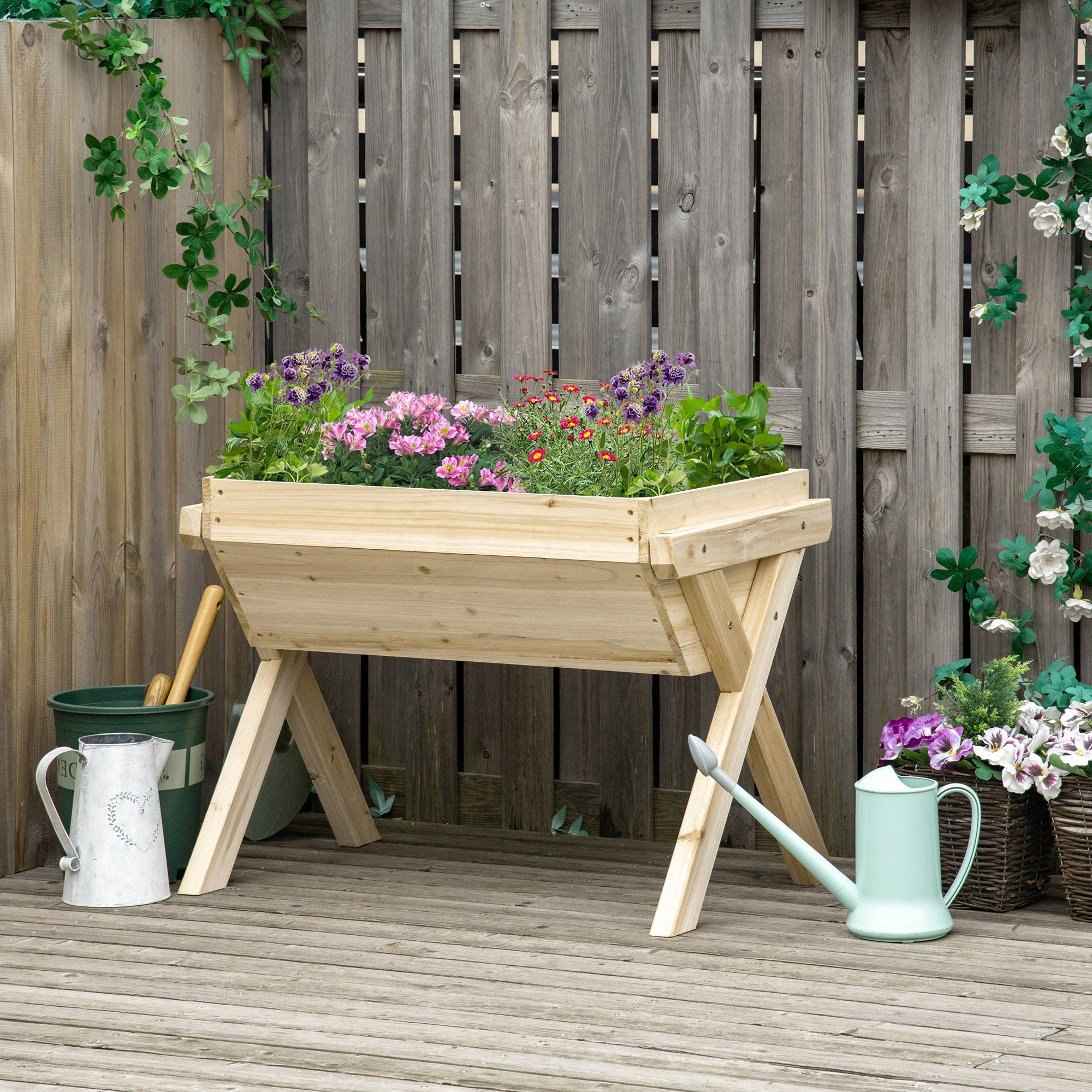 Outsunny Raised Garden Bed 32"x19"x24" Wooden Elevated Planter Box Non-woven Fabric Backyard Patio 