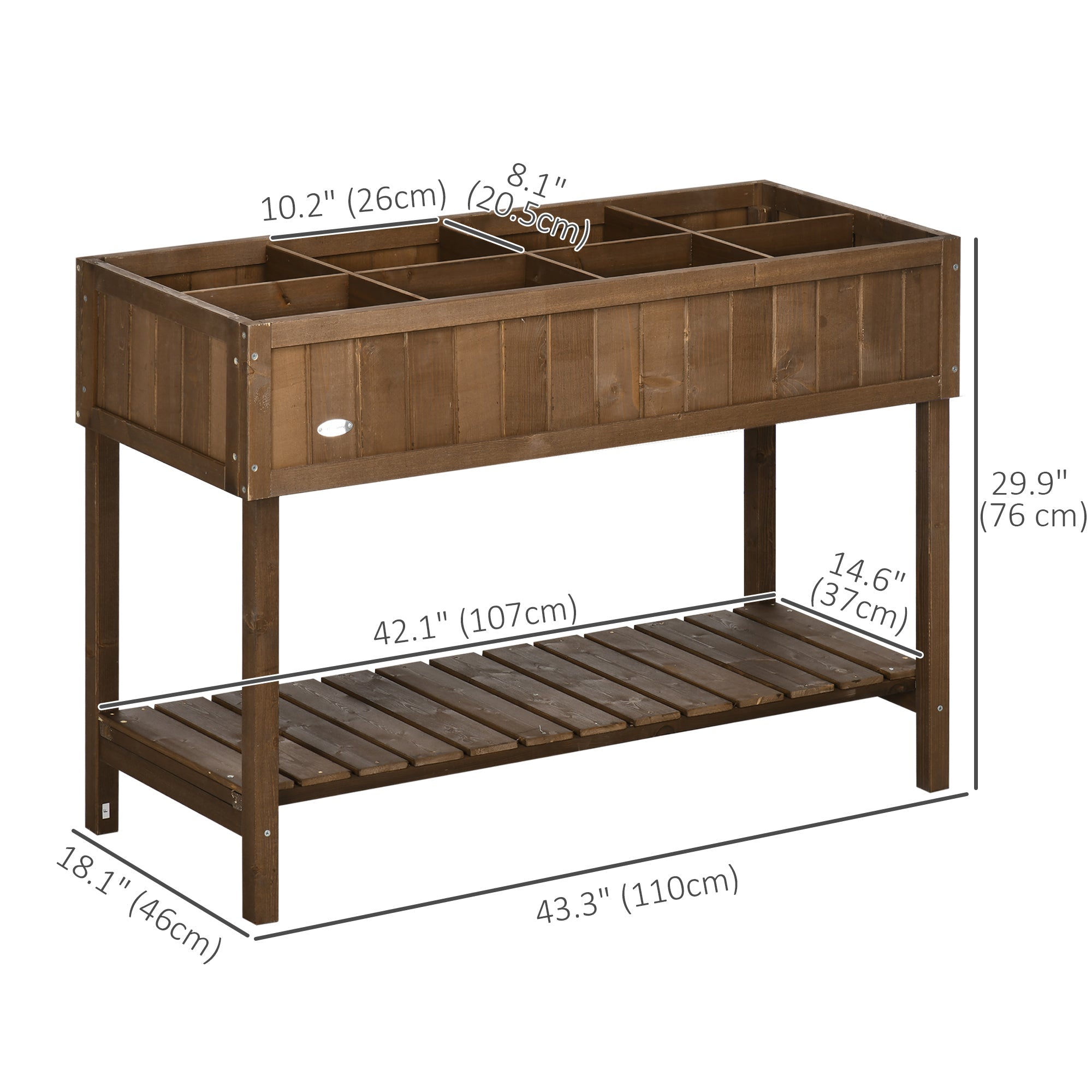 Outsunny Raised Garden Bed 43.25"x18"x30", Wooden Plant Stand with 8 Grids, Storage Shelf for Efficient Gardening - Dark Brown 
