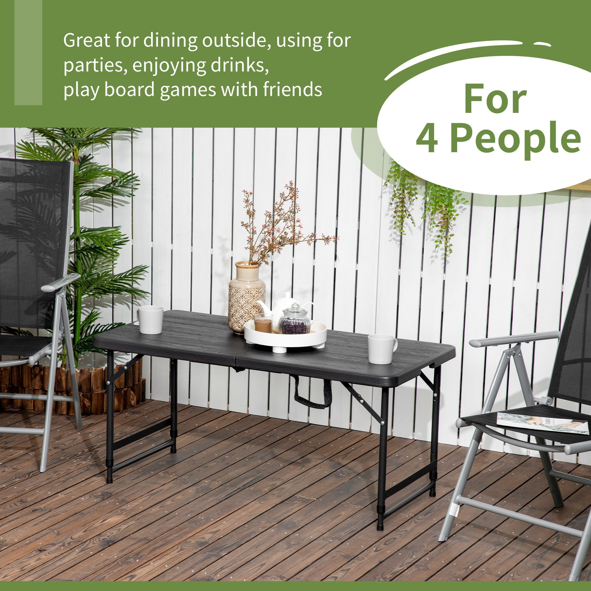 Outsunny Foldable Patio Dining Table for 4, Height Adjustable Outdoor Table for Garden Lawn Backyard, Dark Grey 