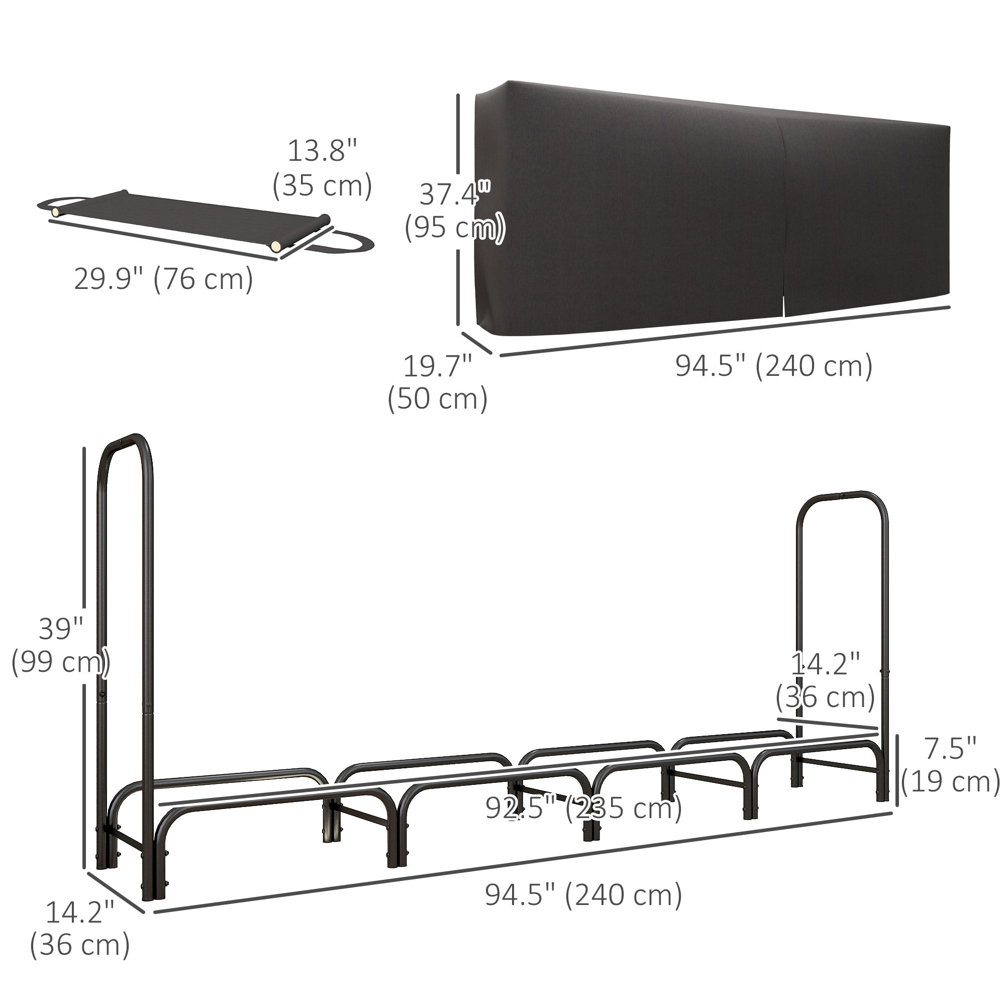 Outsunny 8ft Outdoor Firewood Rack with Cover and Carrier, Adjustable Wood Storage Holder, Indoor Outdoor Log Rack, Black 
