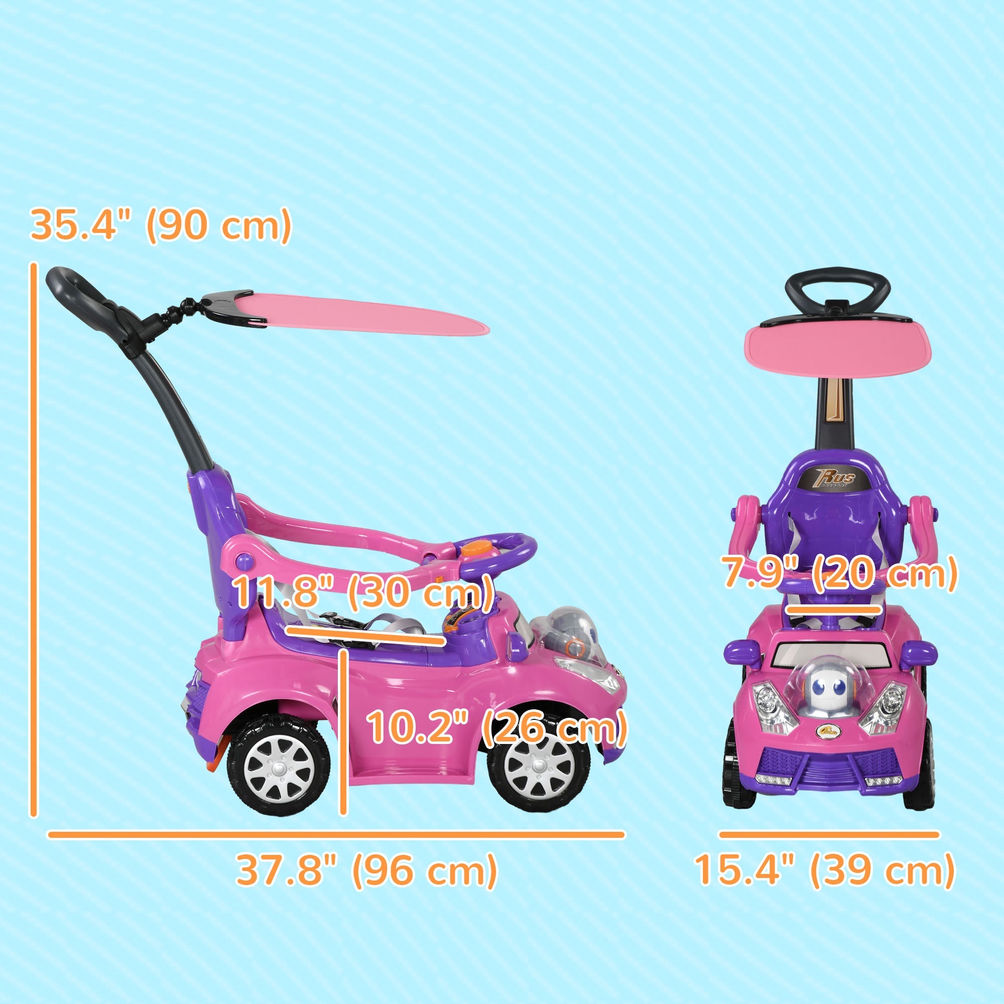 Qaba 3 in 1 Kids Push Car Toddler Sliding Car, Foot to Floor Design with Music, Light, Handle, Removable Canopy, Pink 