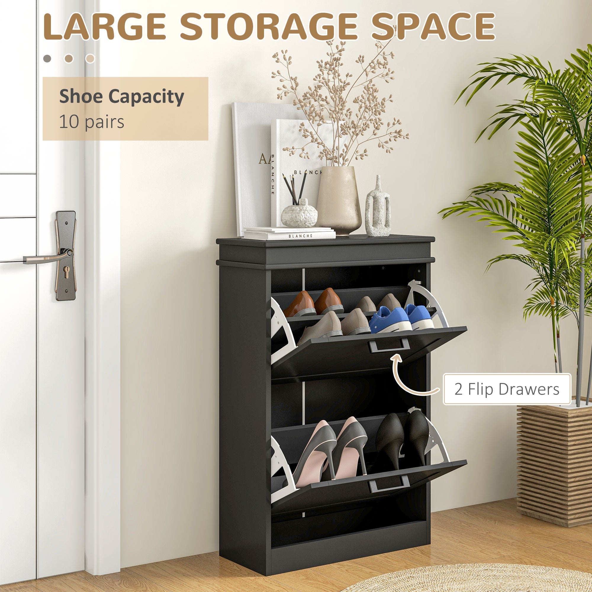 HOMCOM Compact Shoe Haven: 2 Flip Drawer Cabinet with Adjustable Shelves for 10 Pairs of Shoes, Black Finish 