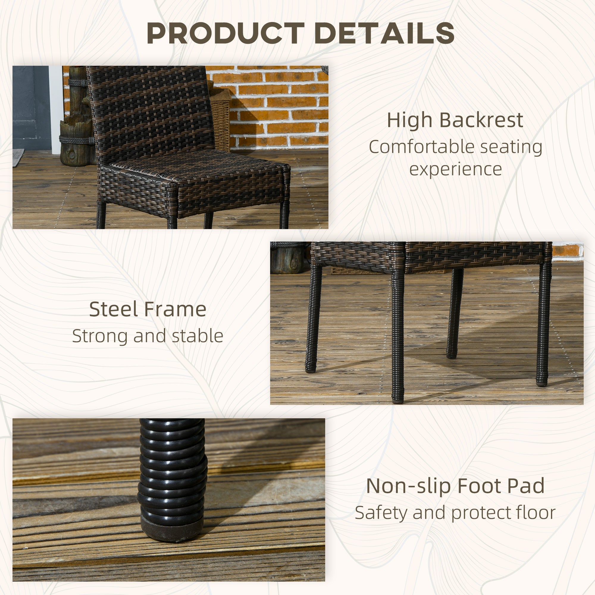 Outsunny Outdoor Rattan Dining Chairs Cushioned Patio Wicker Backrest Brown 