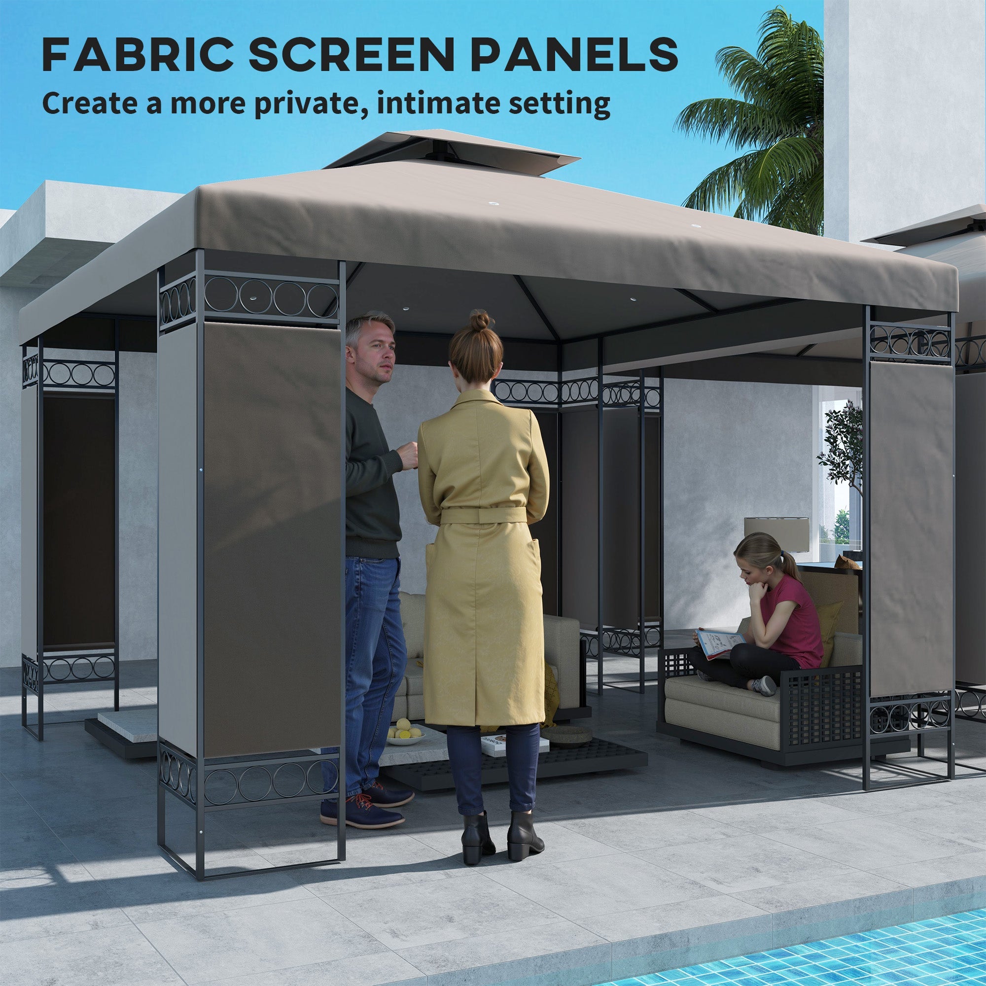 Outsunny 10 x 10 FT Canopy Gazebo, Double Roof Patio Gazebo with Screen Panels and Metal Frame for Deck, Backyard, Khaki 