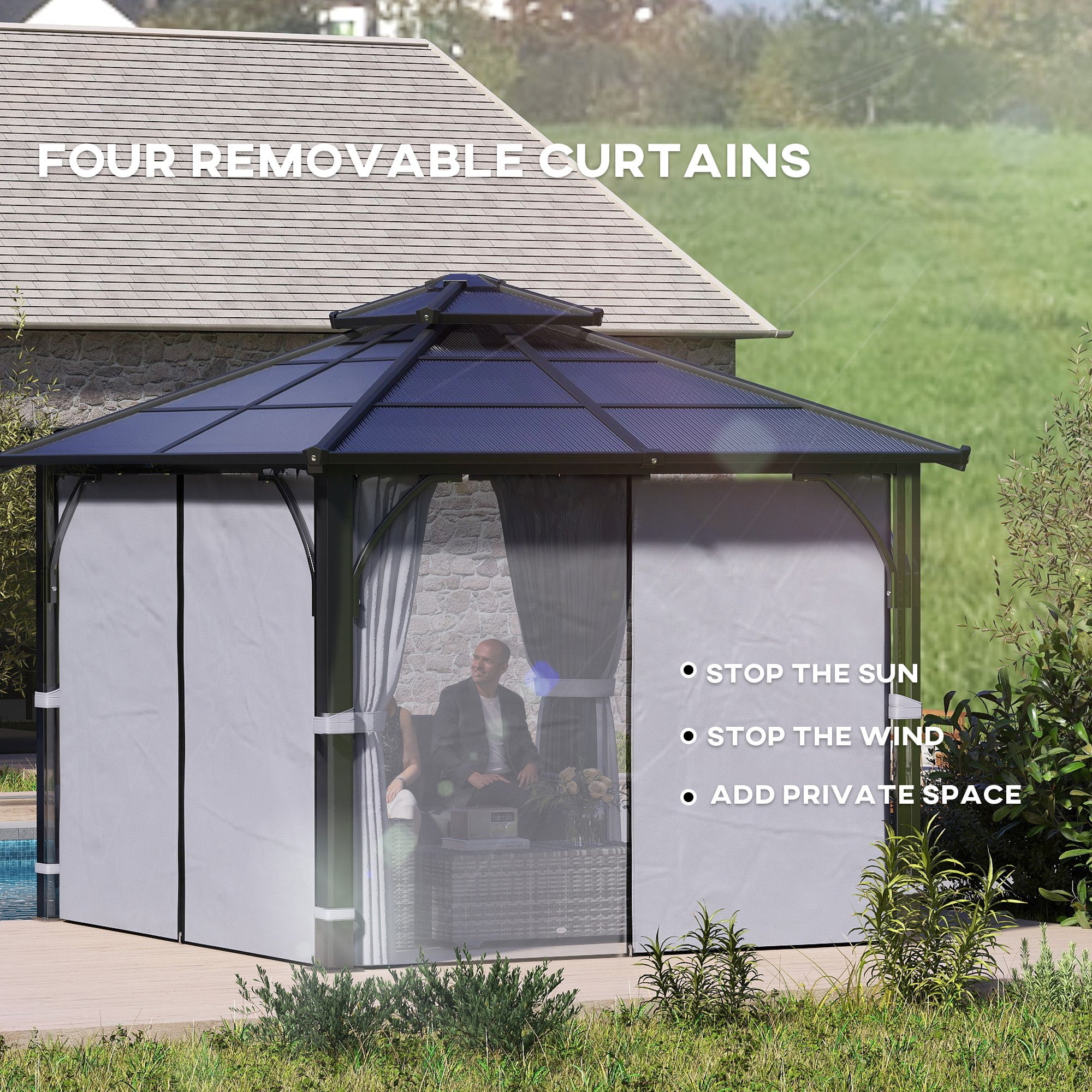 Outsunny 10' x 10' Hardtop Gazebo with 7mm Double Polycarbonate Roof, Outdoor Gazebo with Netting and Curtains 