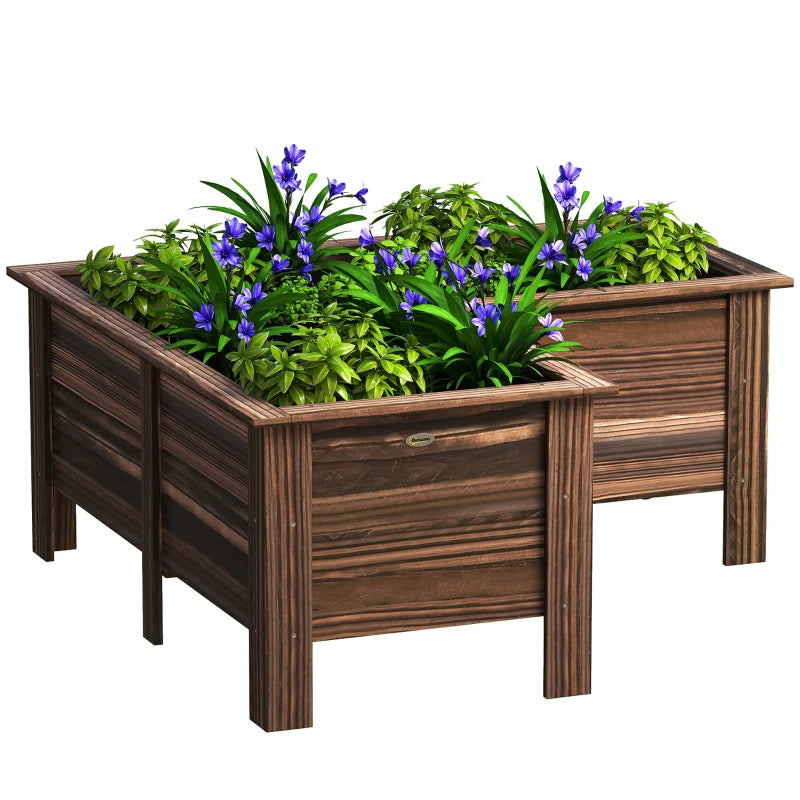 Raised Garden Bed, Wooden Elevated Planter Box Outdoor with Legs, for Vegetables, Flowers, Herbs, L-shaped, Carbonized