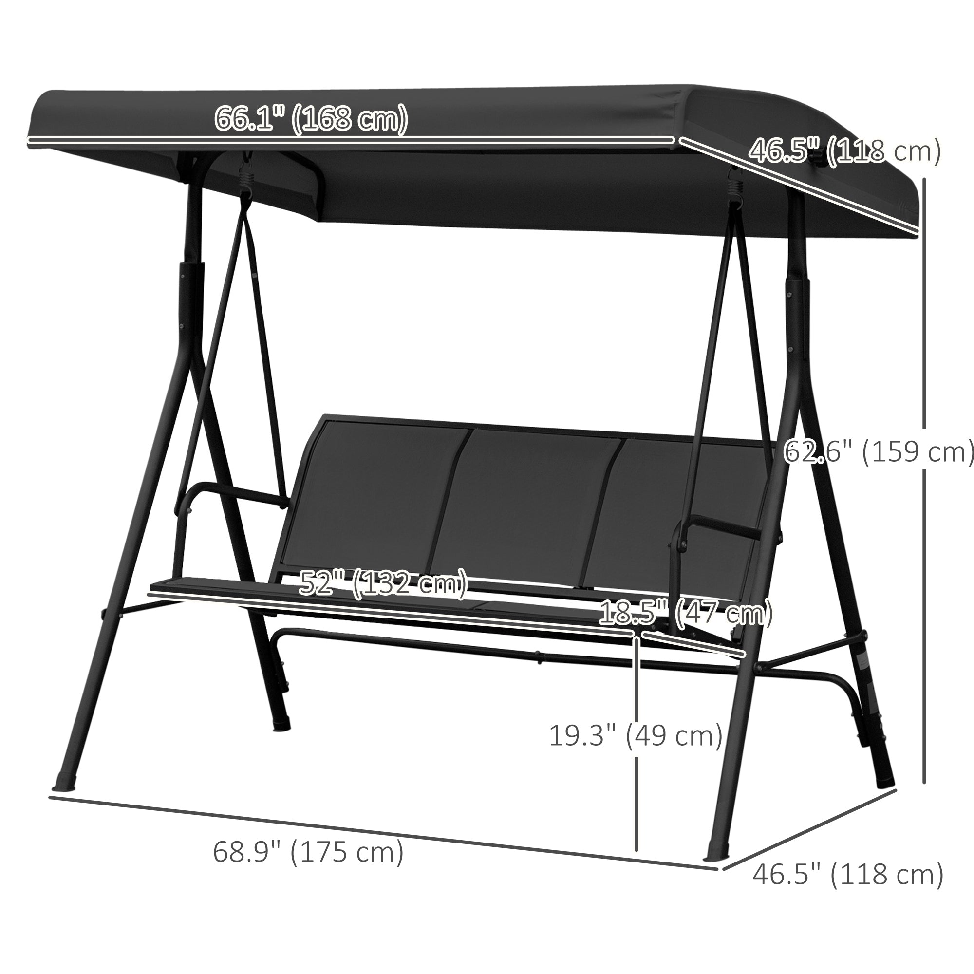 Outsunny 3-Seater Swing Chair Covered Garden Hammock A-Frame Outdoor Porch Glider Sling Seat with Adjustable Canopy Cover, Black 