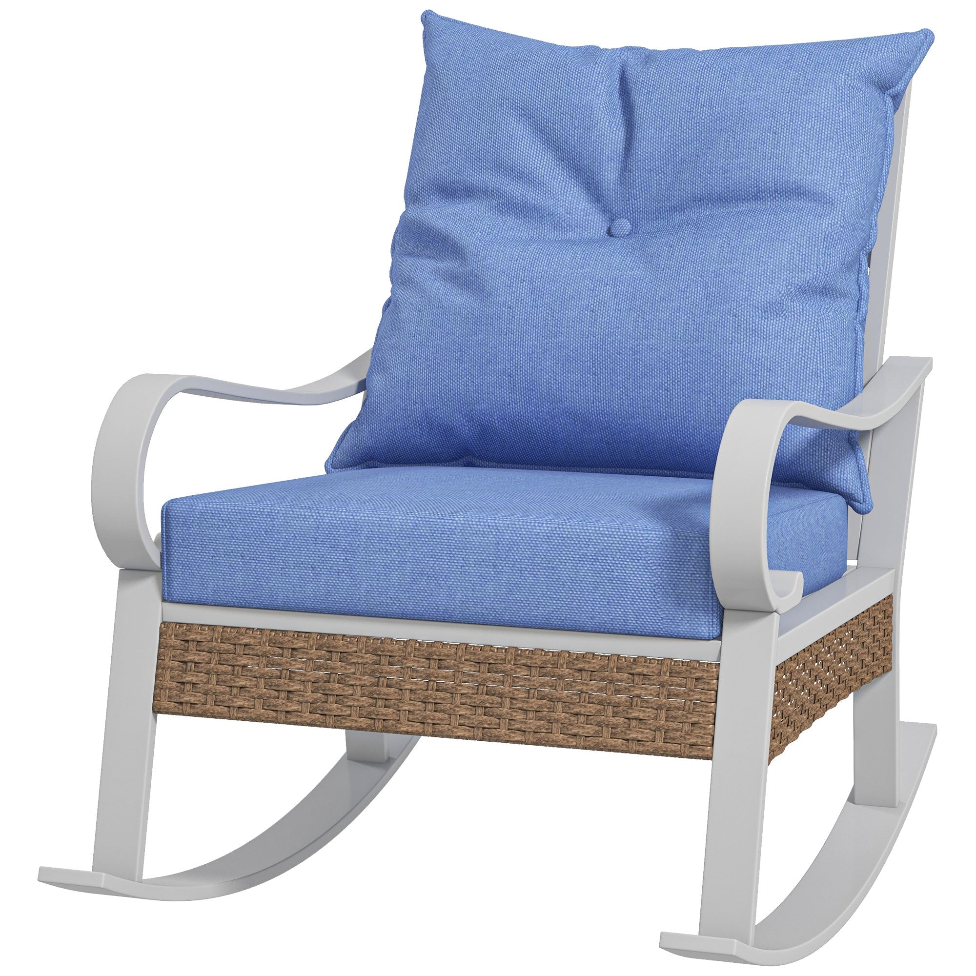 Outsunny Rattan Relaxation: Outdoor Rocking Chair with Plush Cushion, Wide Seat, Inclined Back for Garden, Balcony, Light Blue Finish 