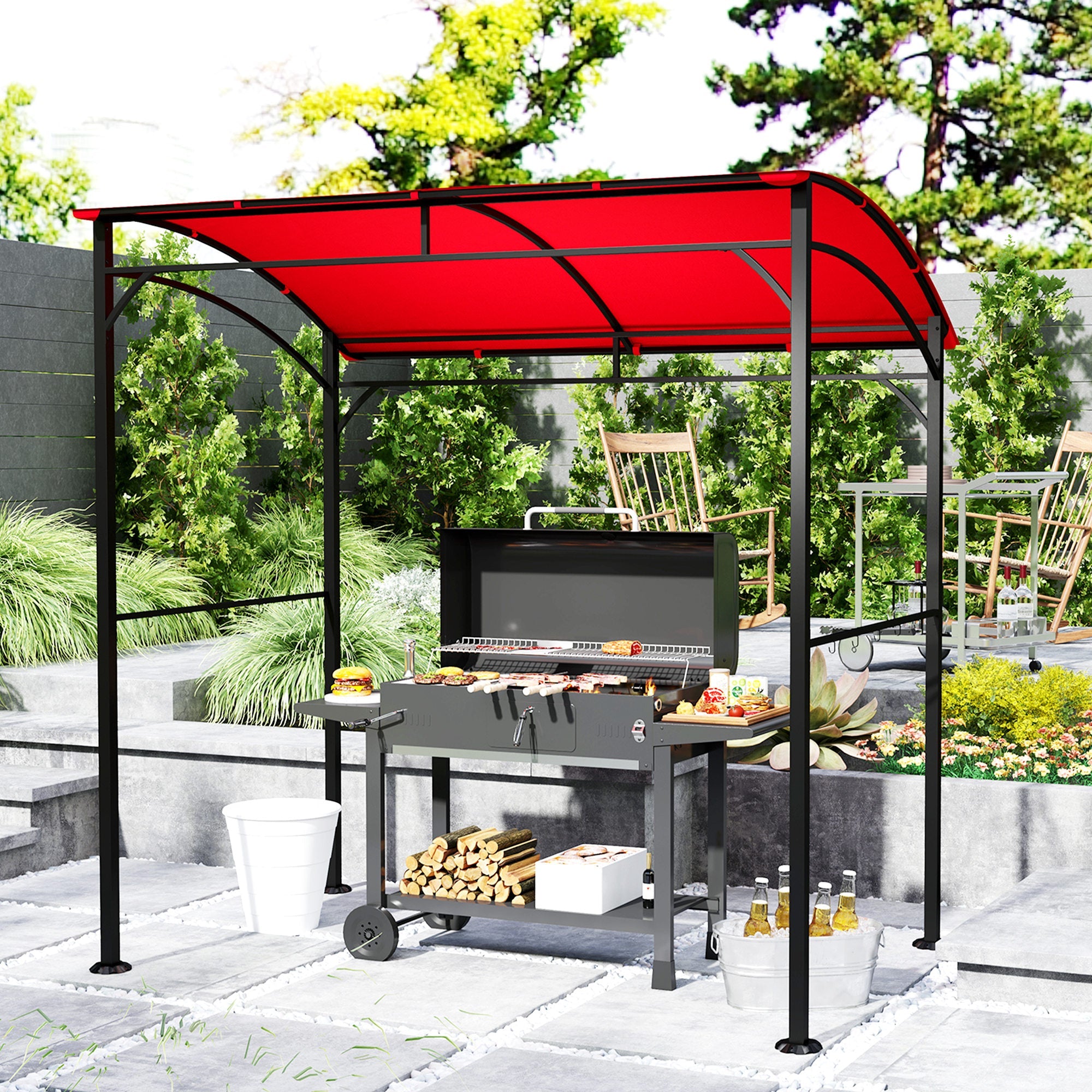 Outsunny 7' x 5' Garden Grill Canopy, BBQ Grill Gazebo Tent with Steel Frame and Hooks, Outdoor Sun Shade, Wine Red 