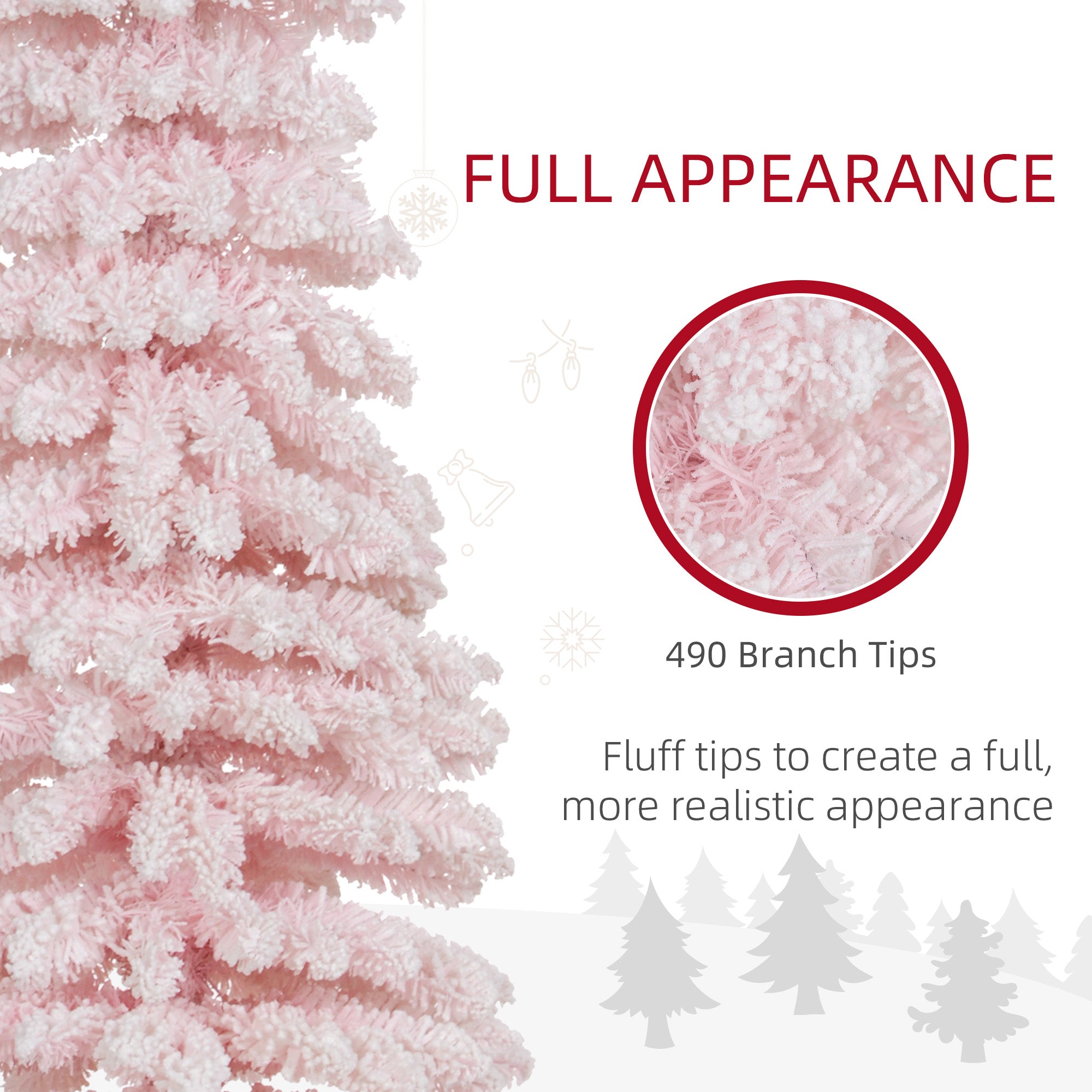 HOMCOM 7ft Snow-Flocked Artificial Christmas Tree, Slim Pencil Xmas Tree with 490 Realistic Branches, Metal Base, Pink 