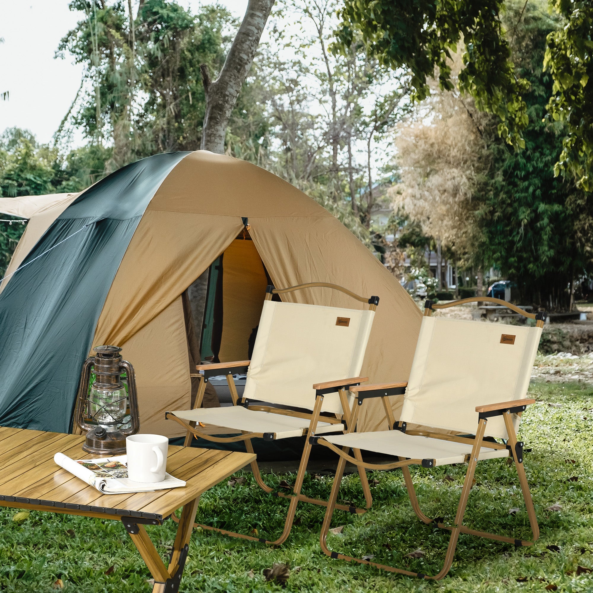Outsunny 2 Pack Camping Chairs Lightweight Folding Armchairs Portable for Festivals Fishing Beach Hiking Beige 