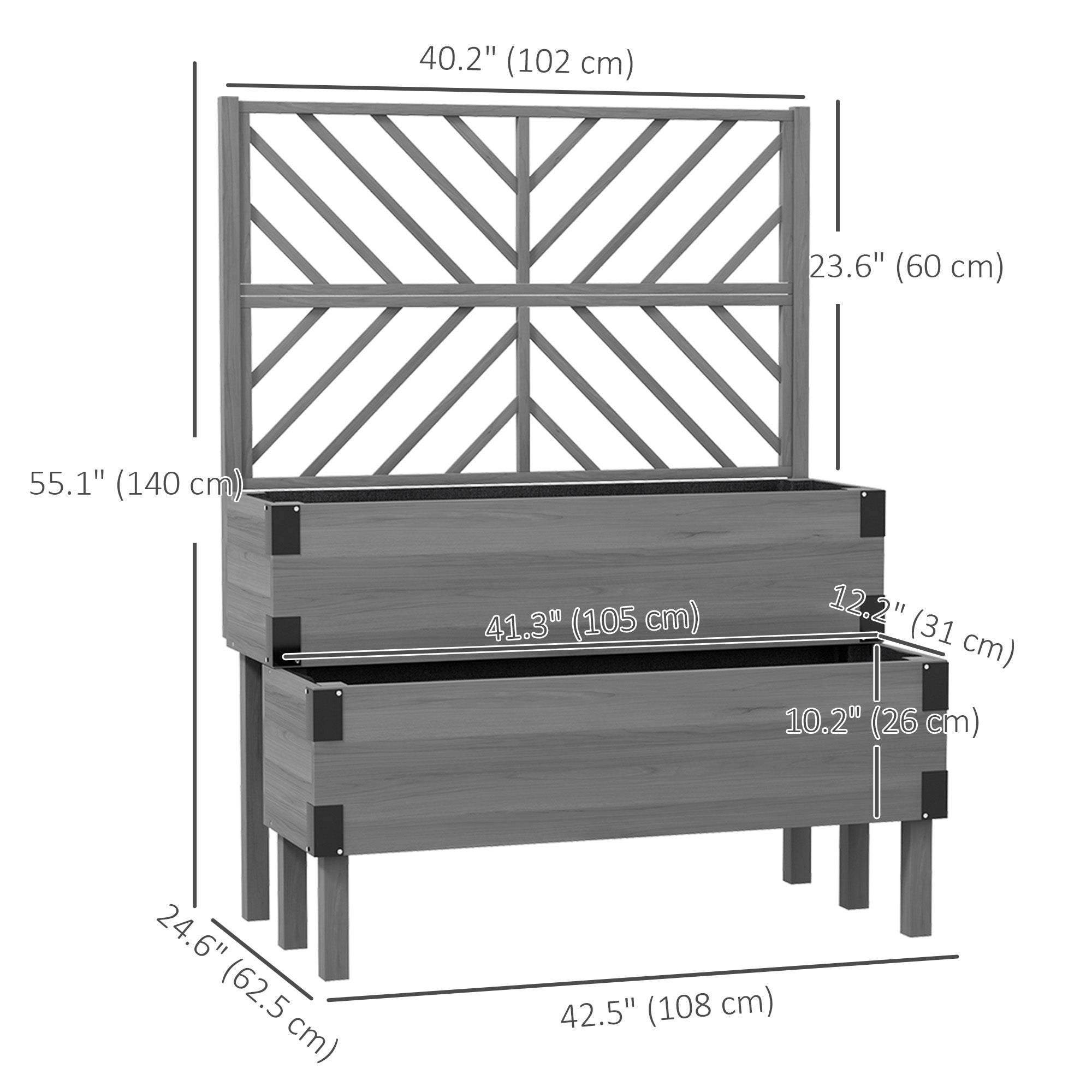 Outsunny Raised Garden Bed with Trellis, 2 Tier Wooden Elevated Planter Box  for Vegetables, Flowers, Herbs, Grey 