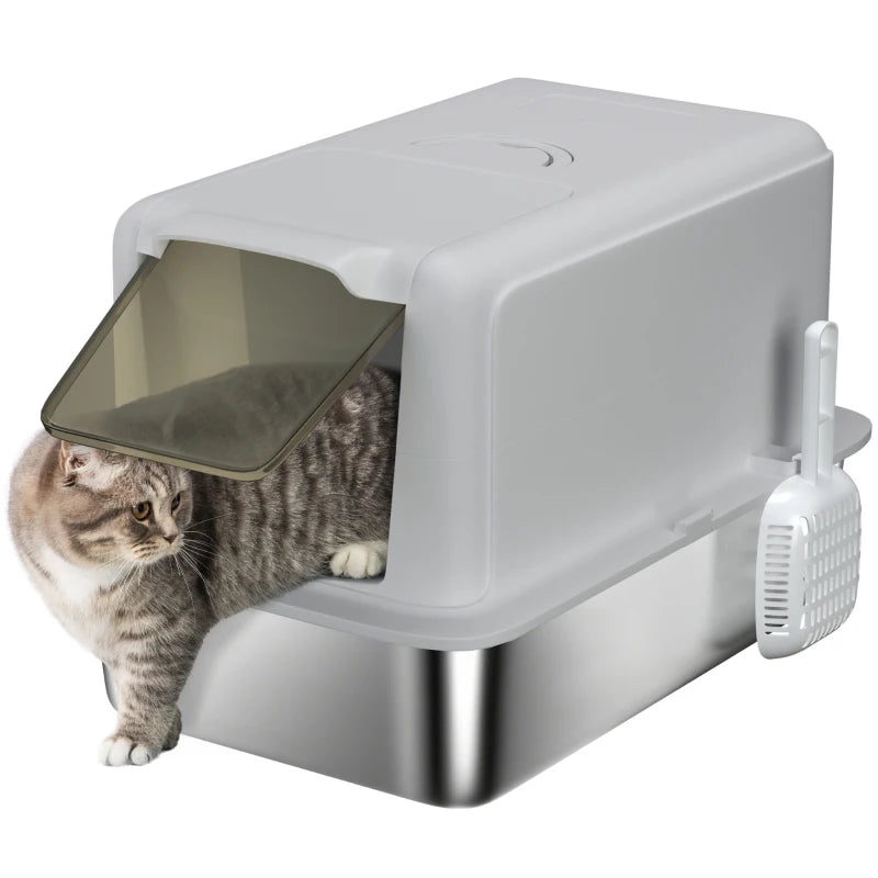 Stainless Steel Cat Litter Box w/ Removable Lid & Scoop, for Small to Large Cats, Easy to Clean, Grey