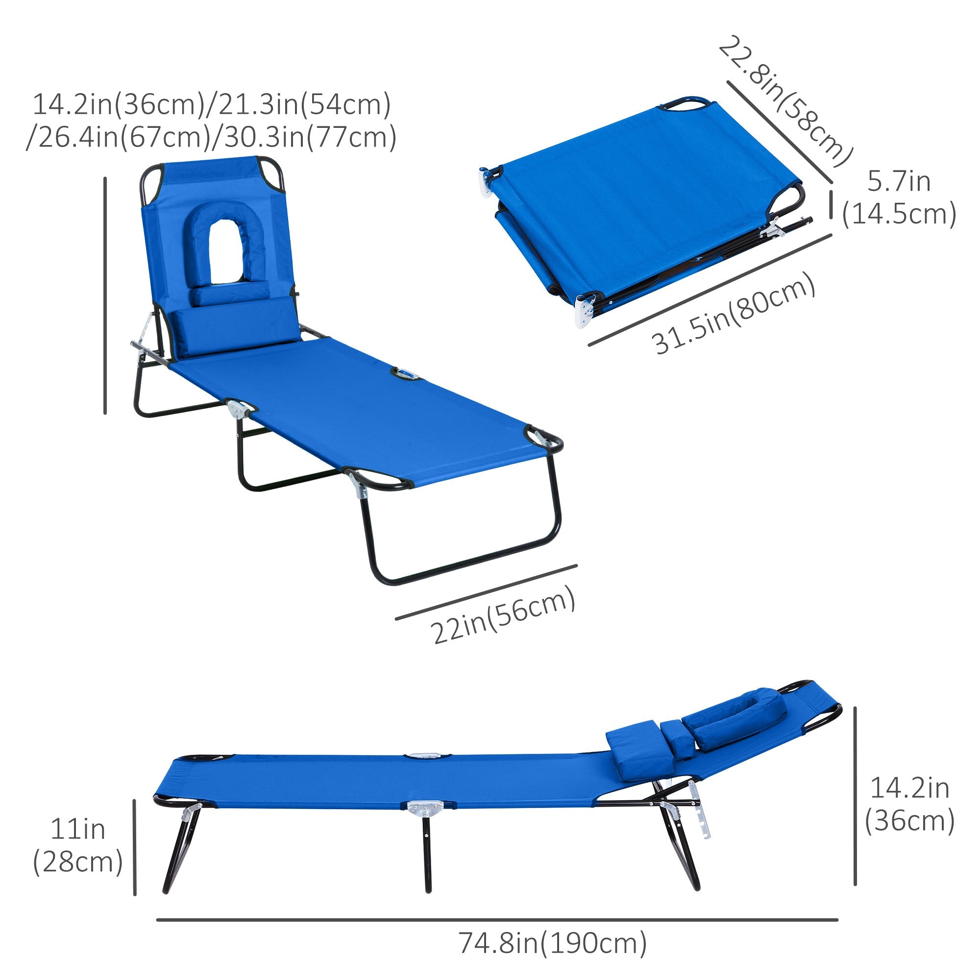 Outsunny Sun Lounger with Reading Hole Adjustable Garden Outdoor Reclining Chair Folding Camping Beach Bed Blue 