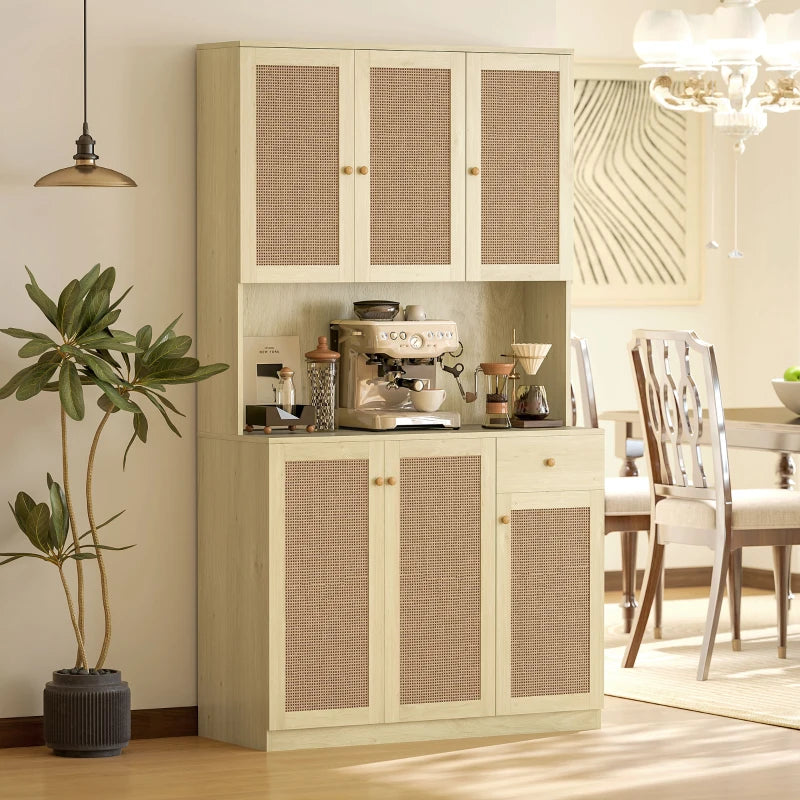 Kitchen Hutch with Microwave Countertop, 71" Boho Kitchen Pantry Cabinet with Decorative Rattan Doors, Natural
