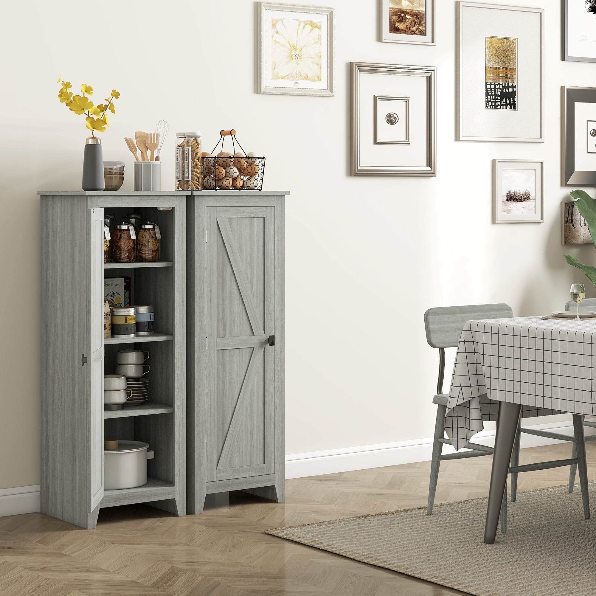 HOMCOM 48" Kitchen Pantry Storage Cabinet w/ Barn Door, Kitchen Pantry Cabinet w/ Adjustable Shelves, Grey Wood Grain 