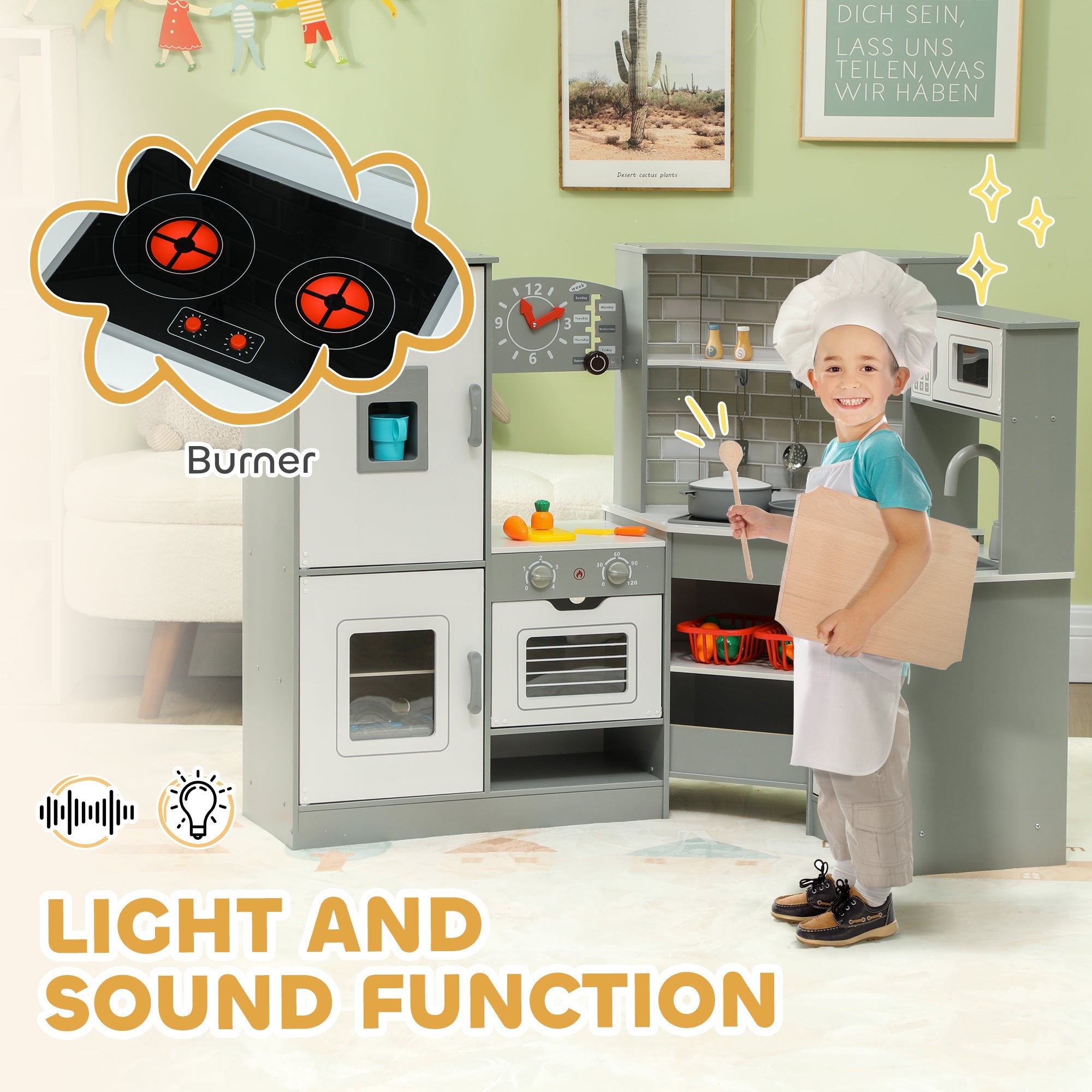 Qaba Corner Play Kitchen, Pretend Play Kitchen Set with Lights & Sounds, Stove Ice Maker Microwave Oven 