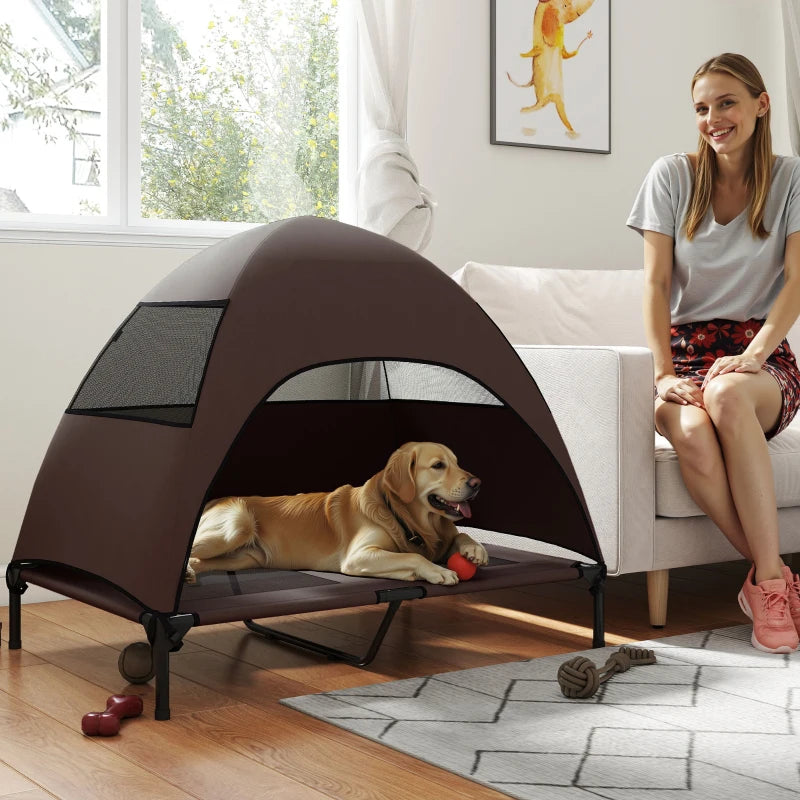 Elevated Dog Bed with Canopy Raised Dog Bed  Washable Mesh Steel Frame 41.7" x 29.9" x 39" Coffee