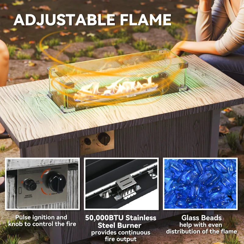 50,000 BTU Gas Fire Pit Table with Cover and Glass Screen, Grey