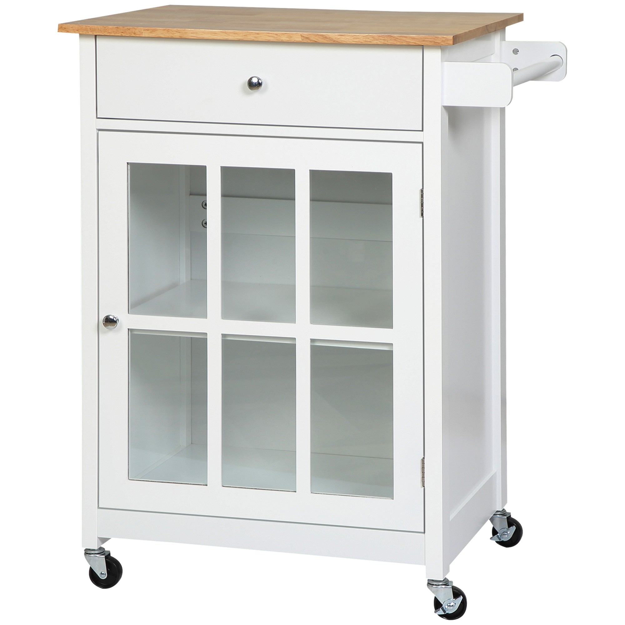 HOMCOM Kitchen Elegance: Rolling Cart Island with Drawer, Glass Door Cabinet, Towel Rack, White Finish 