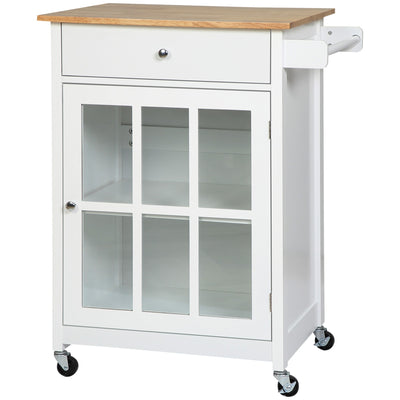 HOMCOM Kitchen Elegance: Rolling Cart Island with Drawer, Glass Door Cabinet, Towel Rack, White Finish 
