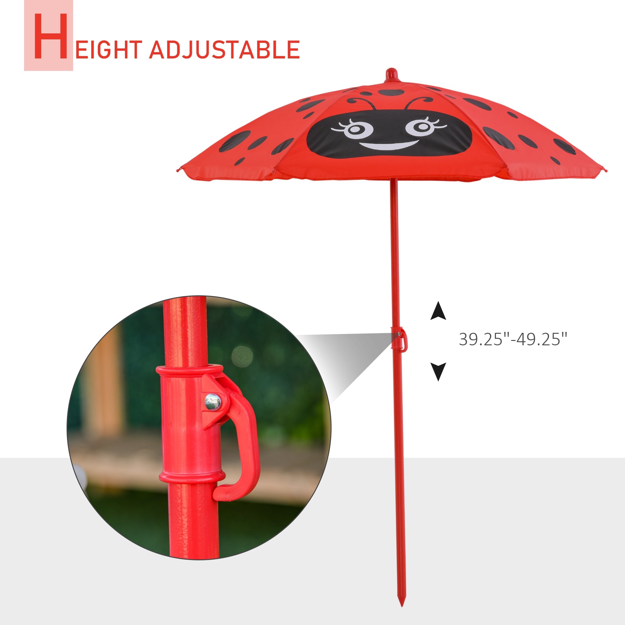 Outsunny Kids Picnic Table and Kids Picnic Chair Set Ladybug Pattern Outdoor Garden Patio Backyard with Removable Sun Umbrella Red 