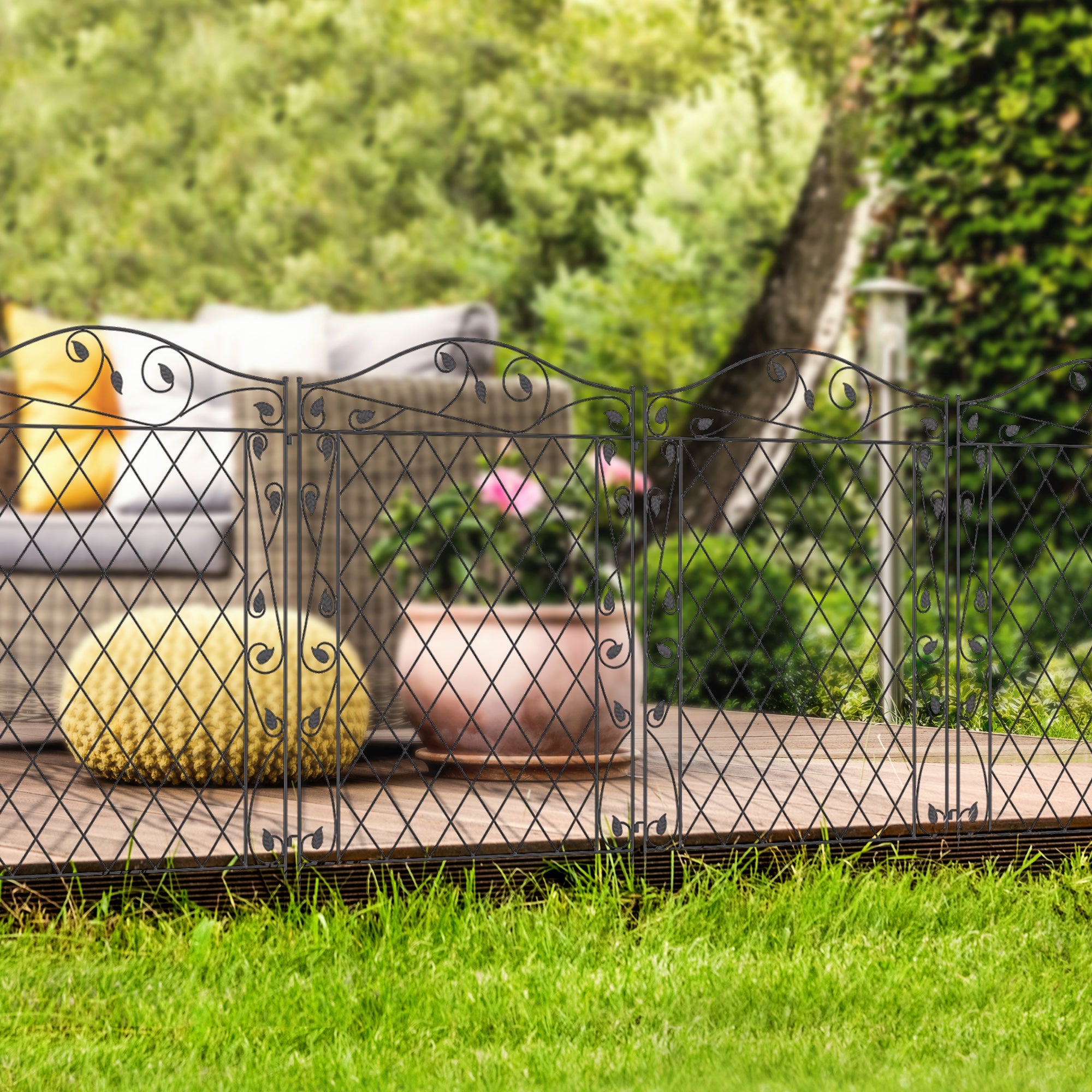 Outsunny Metal Garden Fence Panels 4 Pack Wavey Vines Design Animal Barrier Patio Yard Border Edging 