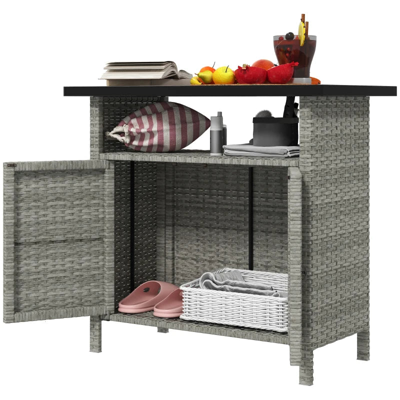 Wicker Outdoor Storage Cabinet with Two Doors and Shelf for Outdoor Pool Towel Storage, Grey