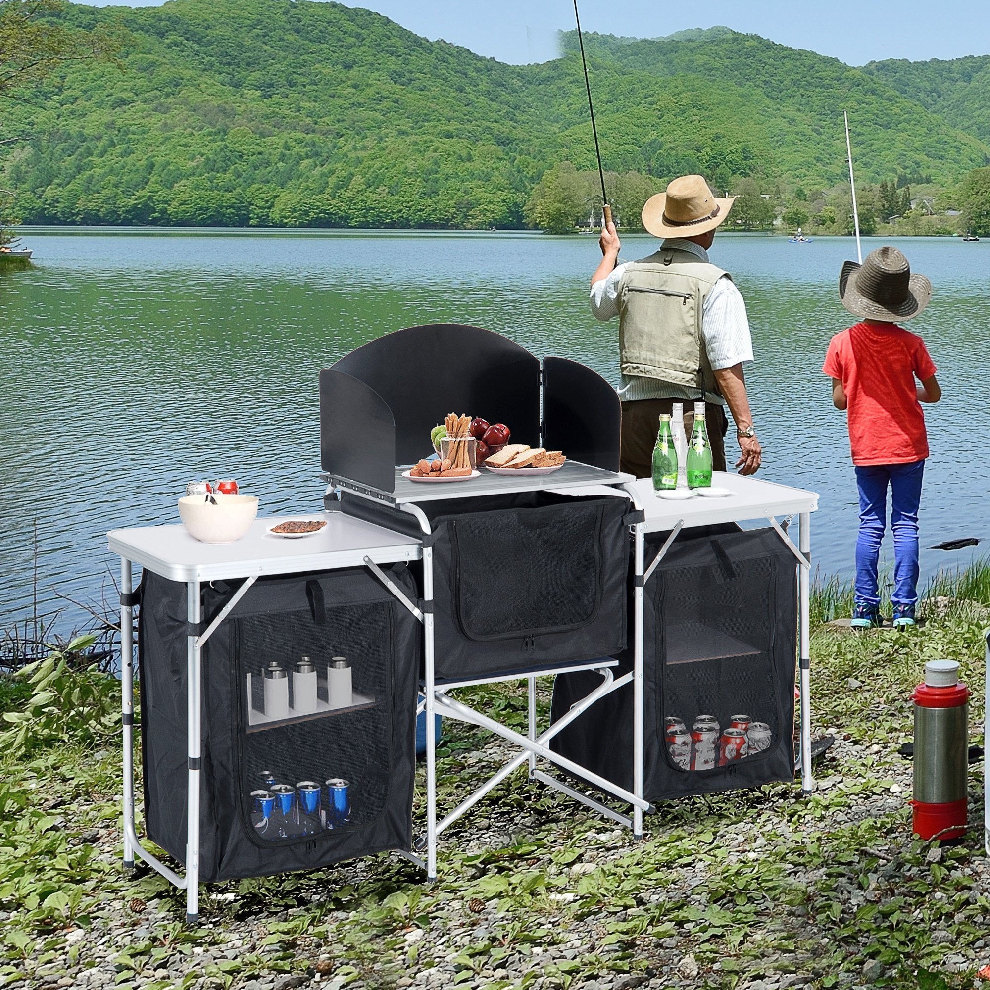 Outsunny Folding Camping Kitchen Table with Carrying Bag, Windscreen and 3 Enclosed Cupboards, Aluminum Cook Station, Black 