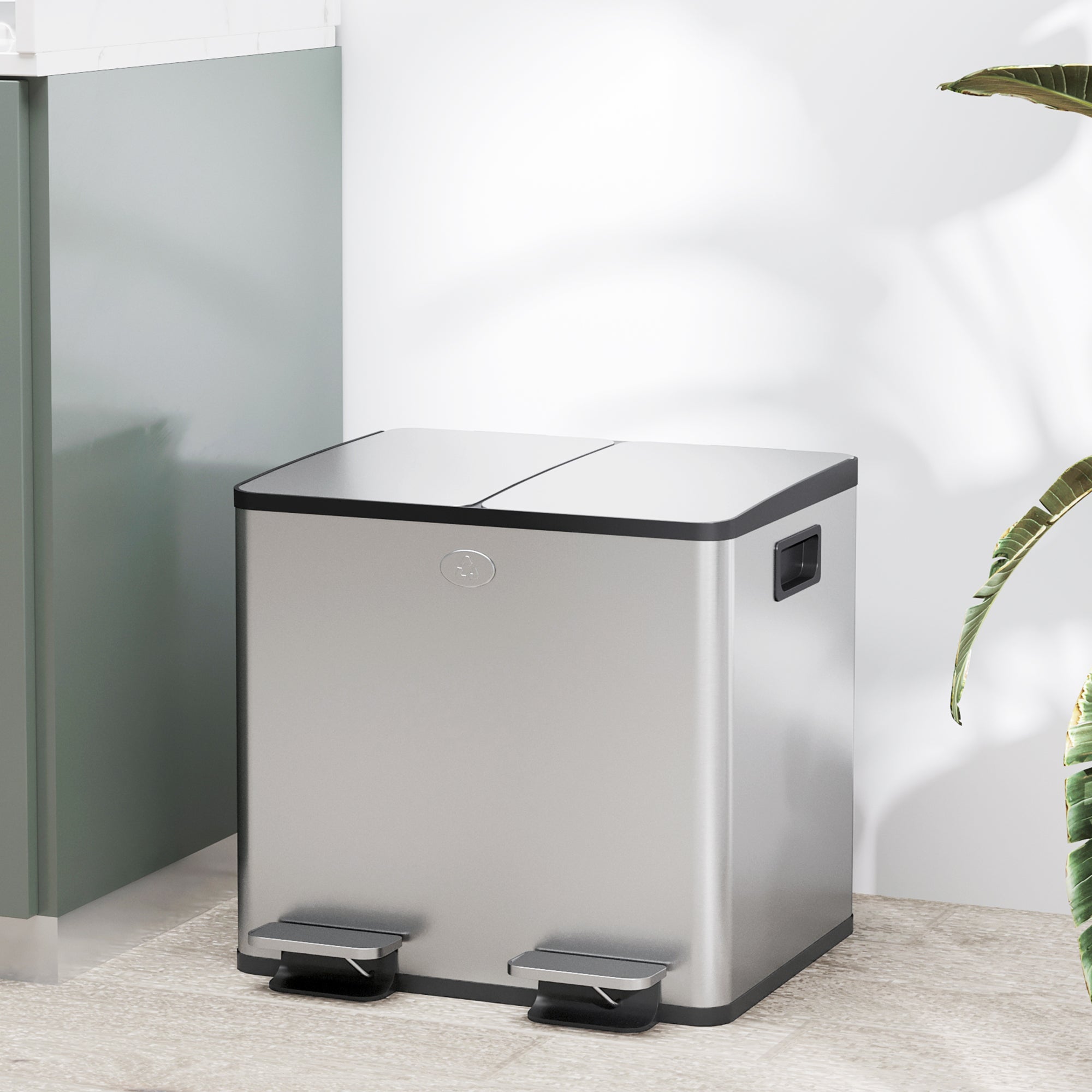 HOMCOM Dual Garbage Bin, Soft-Close Trash Can with Foot Pedal, 2 x 15 Liter Garbage Can with Removable Inner Buckets, Silver 