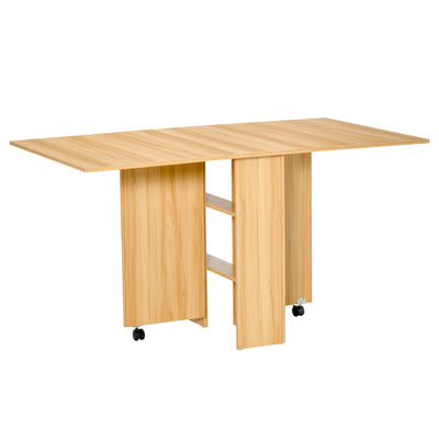 HOMCOM Foldable Drop Leaf Side Table Console Writing Desk with Storage Shelves 2 Wheels for Kitchen Teak Finish 