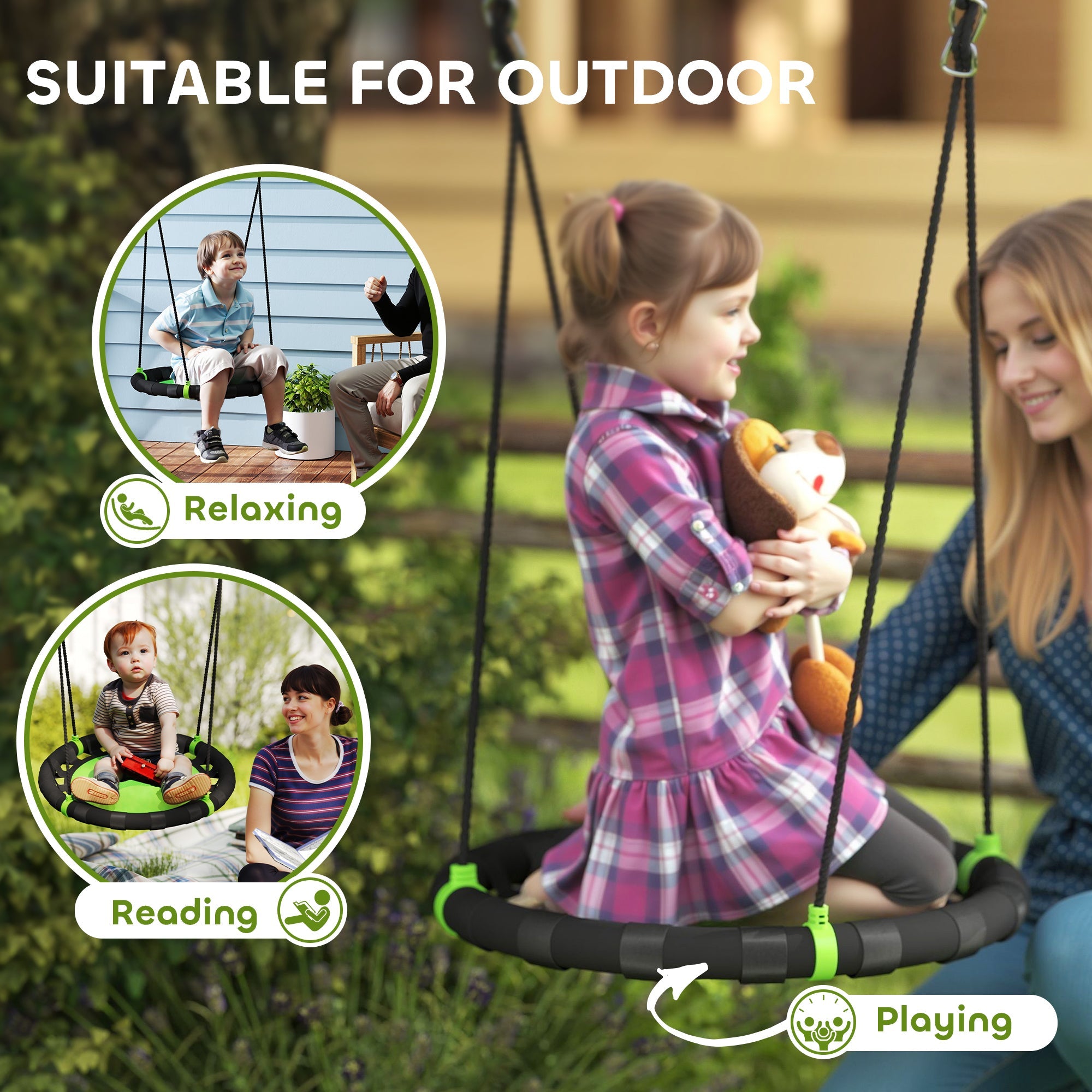 Qaba 24 inch Saucer Tree Swing Set for Kids with Adjustable Hanging Ropes for Outdoor, Backyard, Green 