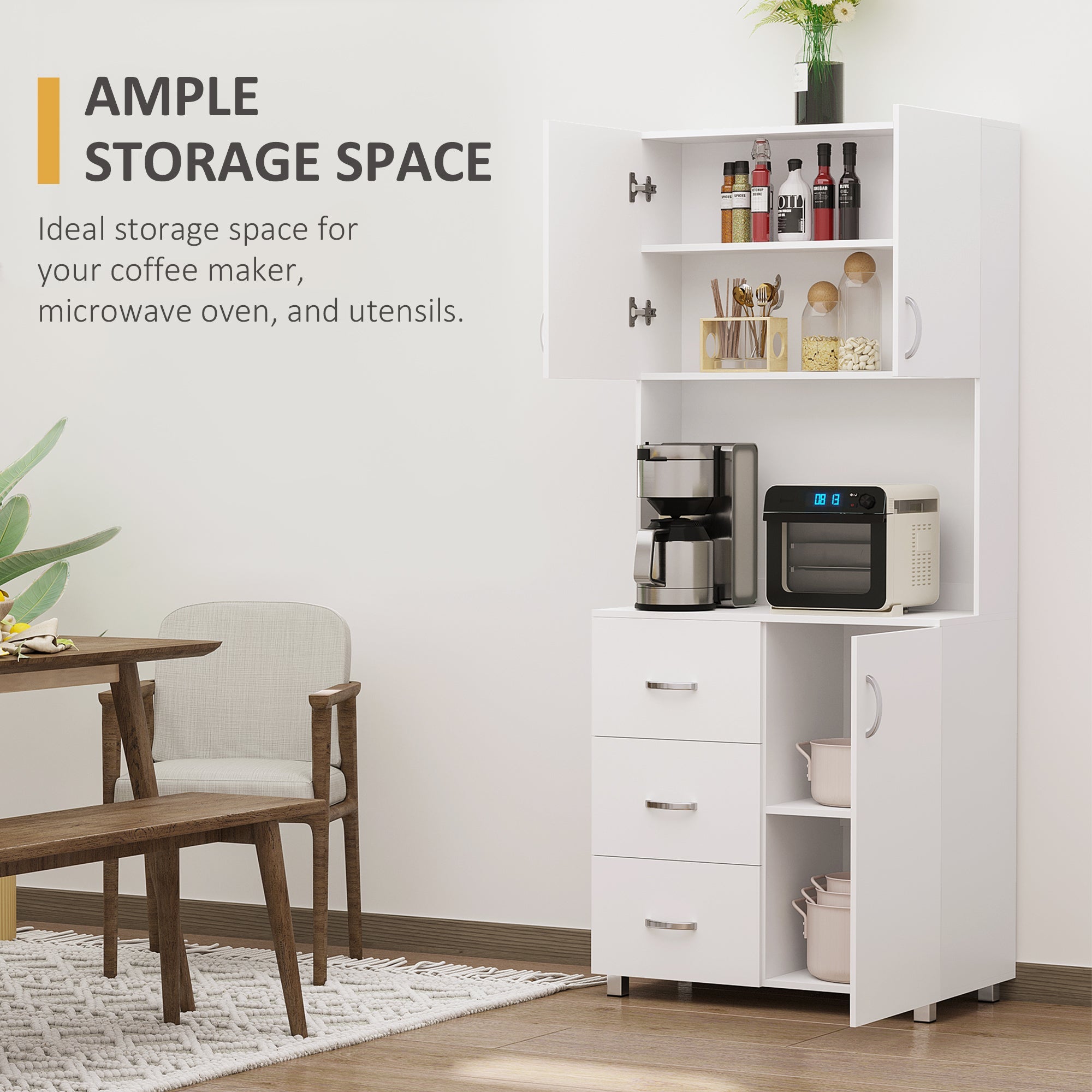 HOMCOM Freestanding Kitchen Hutch Buffet: Pantry Storage Organizer with 2 Door Cabinets, 3 Drawers and Open Countertop Shelf 