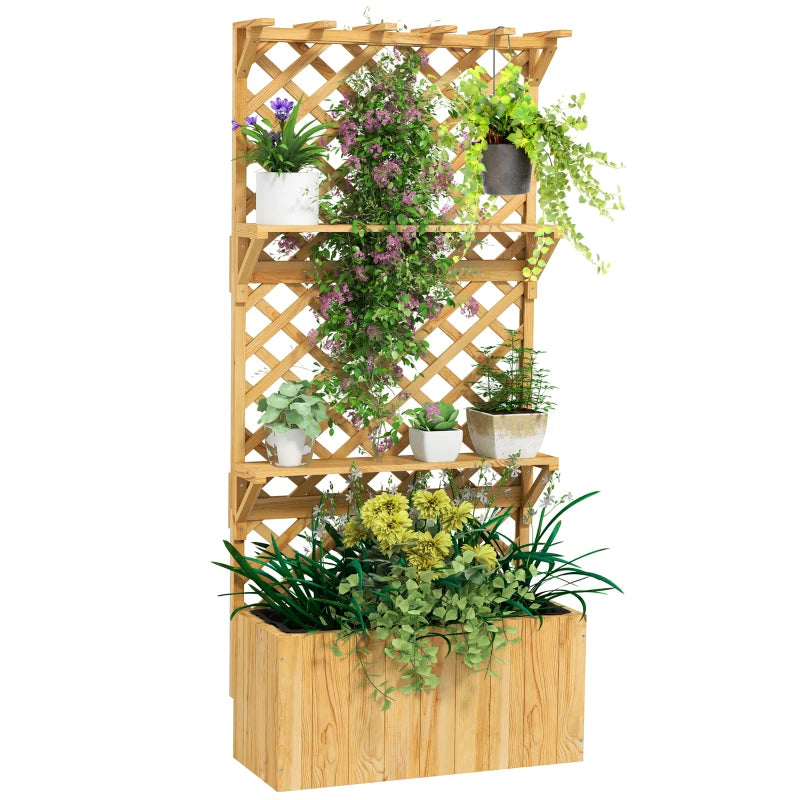 Raised Garden Bed, Wooden Planter with Trellis, Hanging Roof, Plant Shelf, Drainage Holes and Bed Liner, Nature Wood