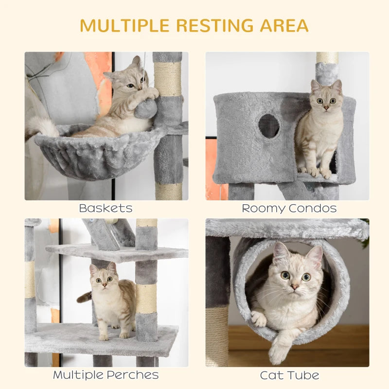 94"-102" Huge Cat Tree Ceiling High Cat Condo Scratching Post Activity Center Multi-Level Play House Light Grey