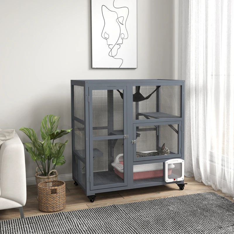 Cat Condo Wooden Indoor Cat House on Wheels with Cat Flap Door Platforms Hammock Openable Top for 2 Cats, Light Grey