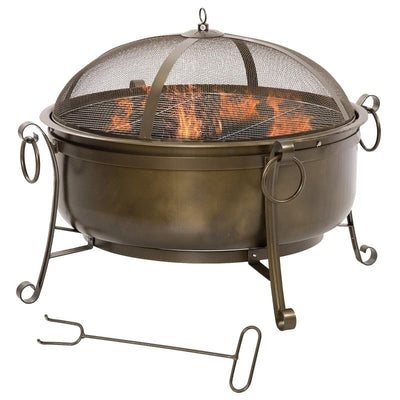Large Wood Burning Fire Pit Cauldron Style Steel Bowl w/ BBQ Grill, Log Poker, and Mesh Screen Lid - Free Shipping 