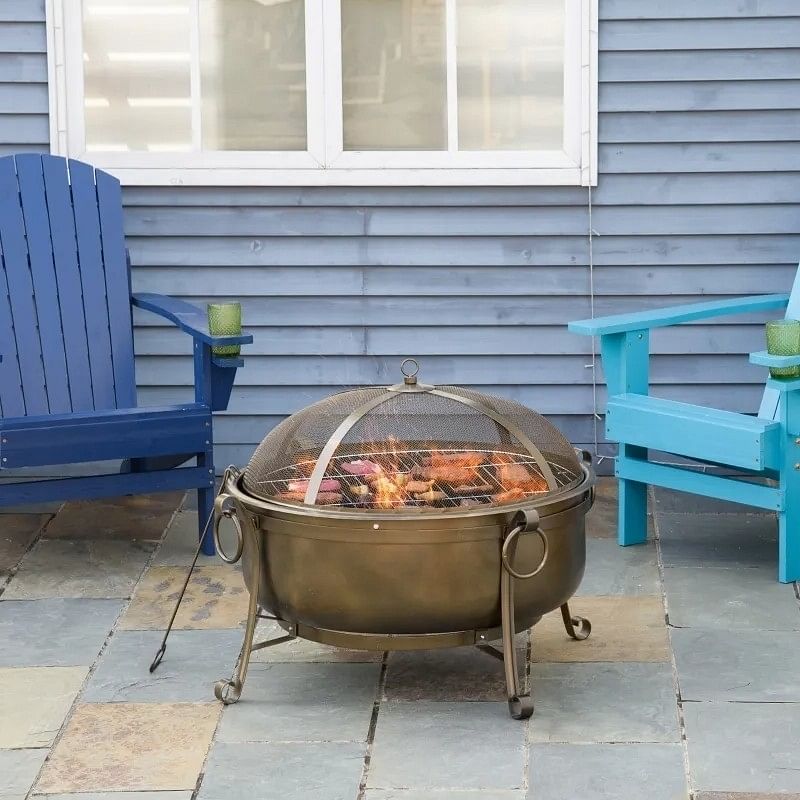 Large Wood Burning Fire Pit Cauldron Style Steel Bowl w/ BBQ Grill, Log Poker, and Mesh Screen Lid - Free Shipping 