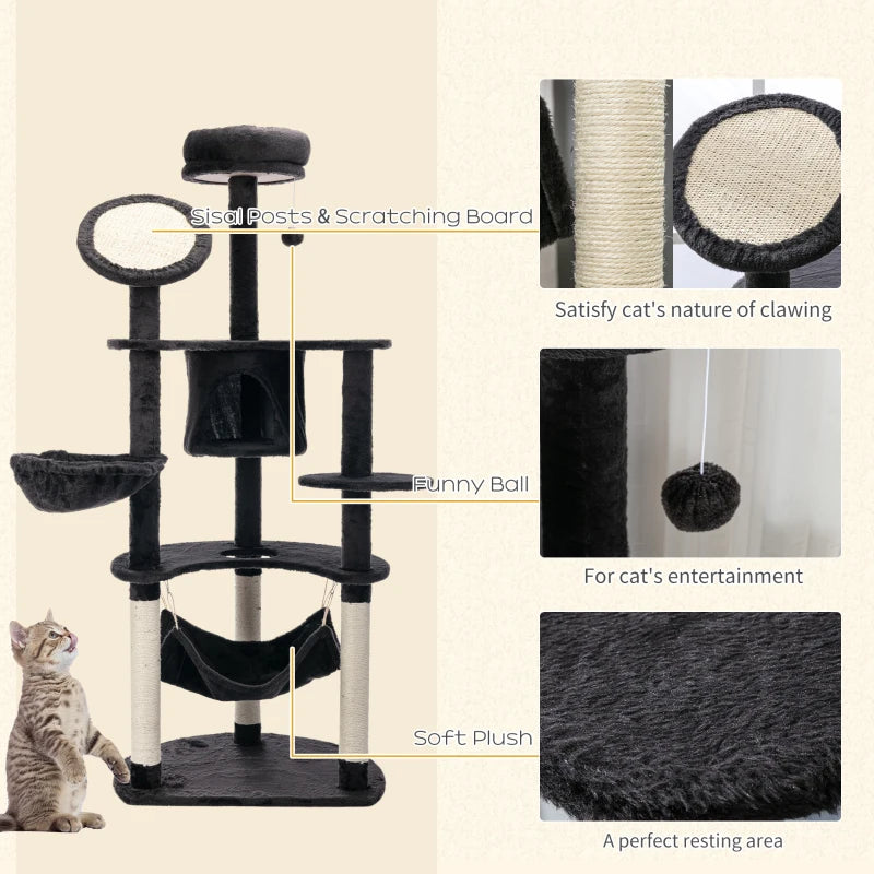 60" Multi-Level Plush Cat Tree, Tall Cat Tower with Scratching Posts and 2 Hammocks, Dark Grey